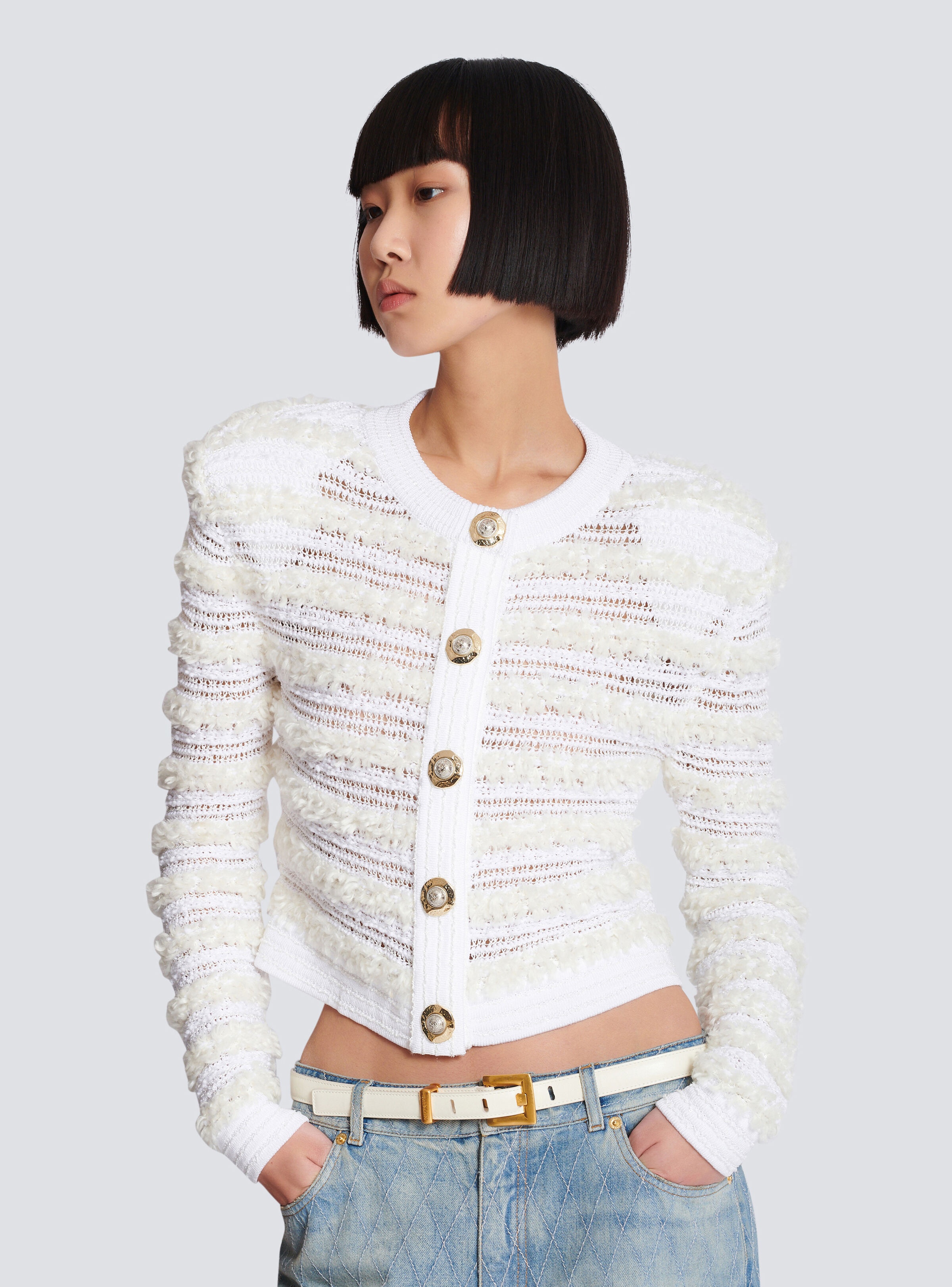 Long-sleeved tweed-effect knit cardigan - 6