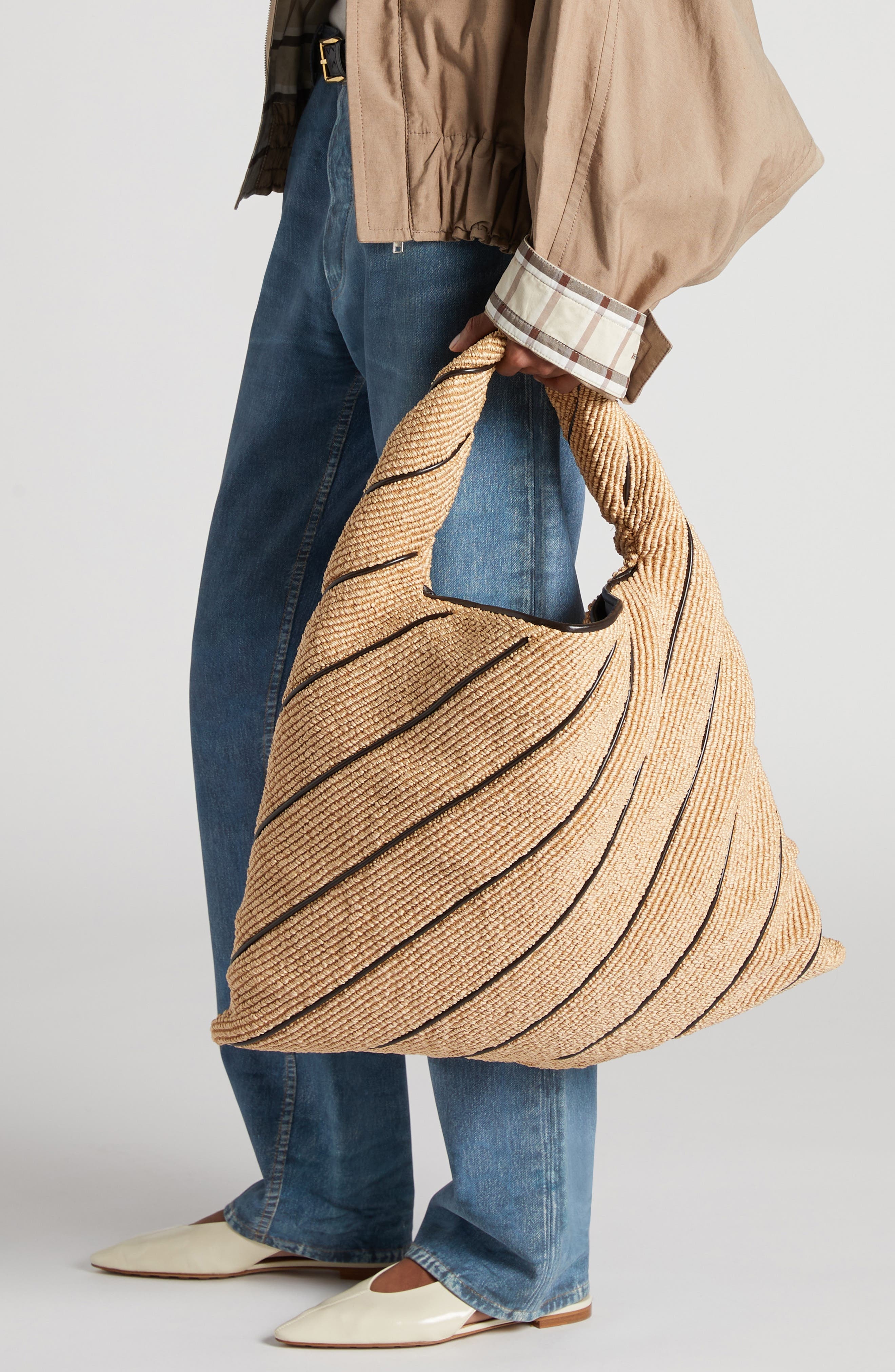 Bottega Veneta Large Hop Stripe Raffia Hobo Bag in 9249 Natural-Fondant at Nordstrom - 2