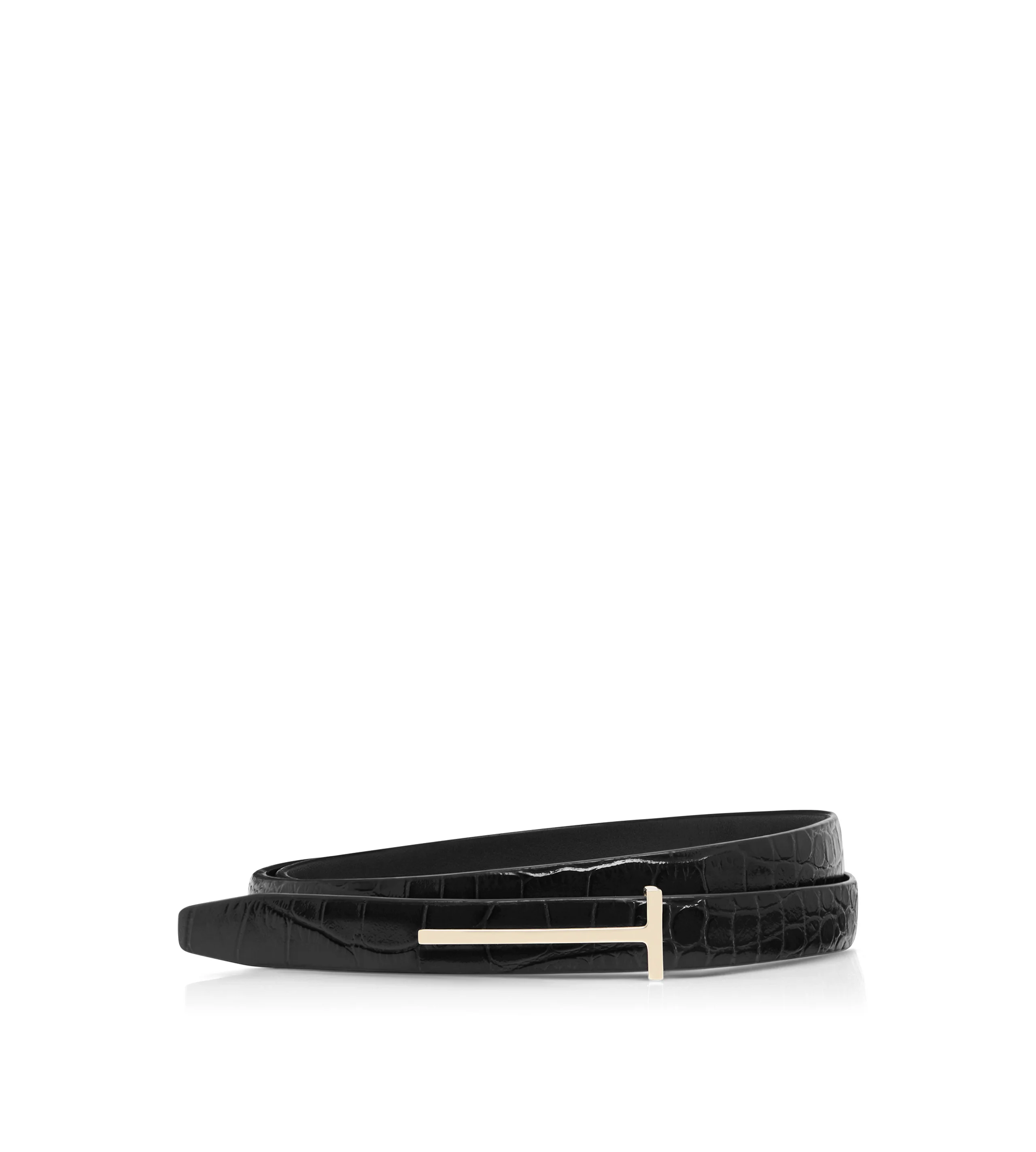 SHINY STAMPED CROCODILE LEATHER SLIM T BELT - 1