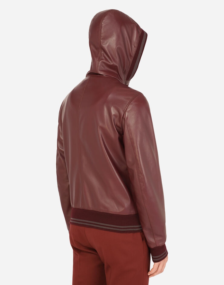 Leather jacket with hood and branded plate - 5