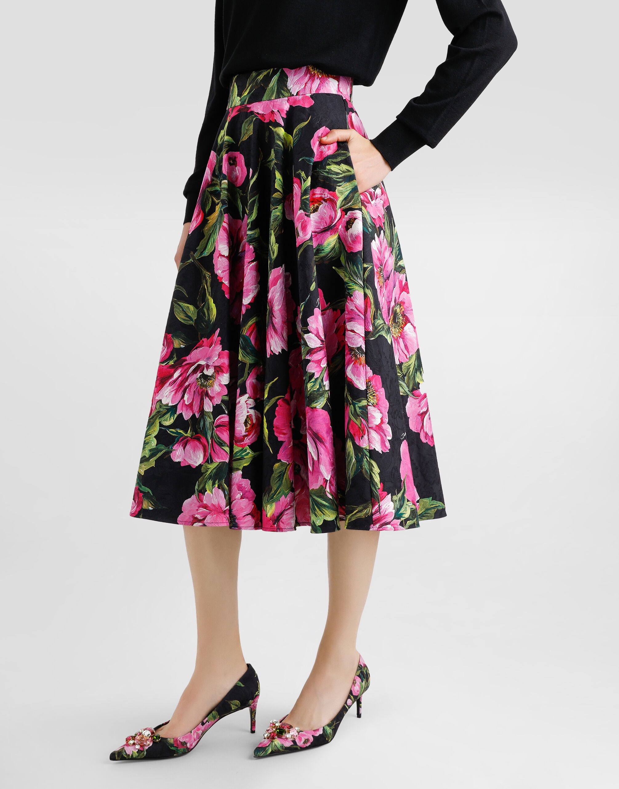 Cotton calf-length circle skirt with peony print - 3
