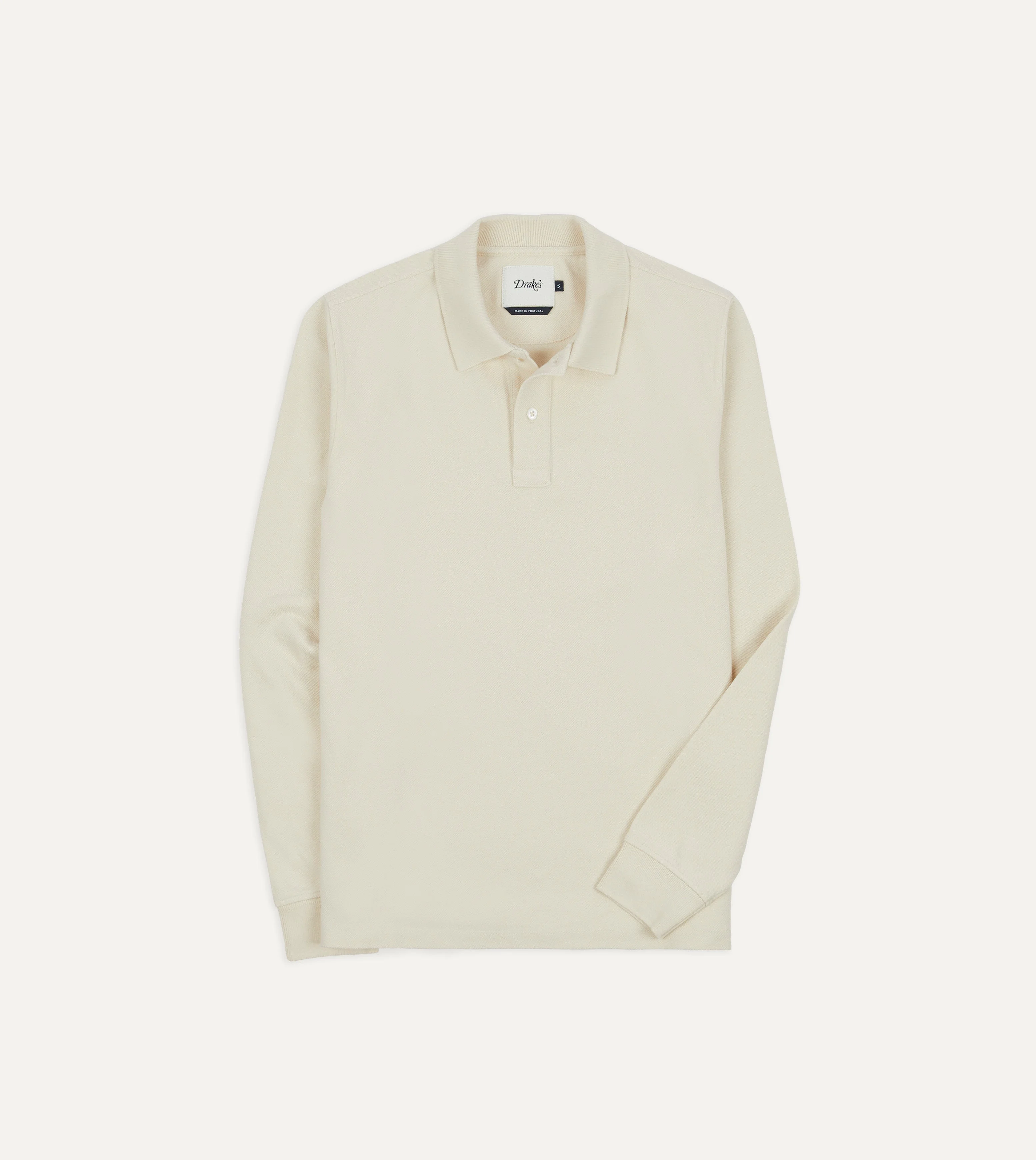 Ecru Pique Cotton Long-Sleeve Polo Shirt - 1