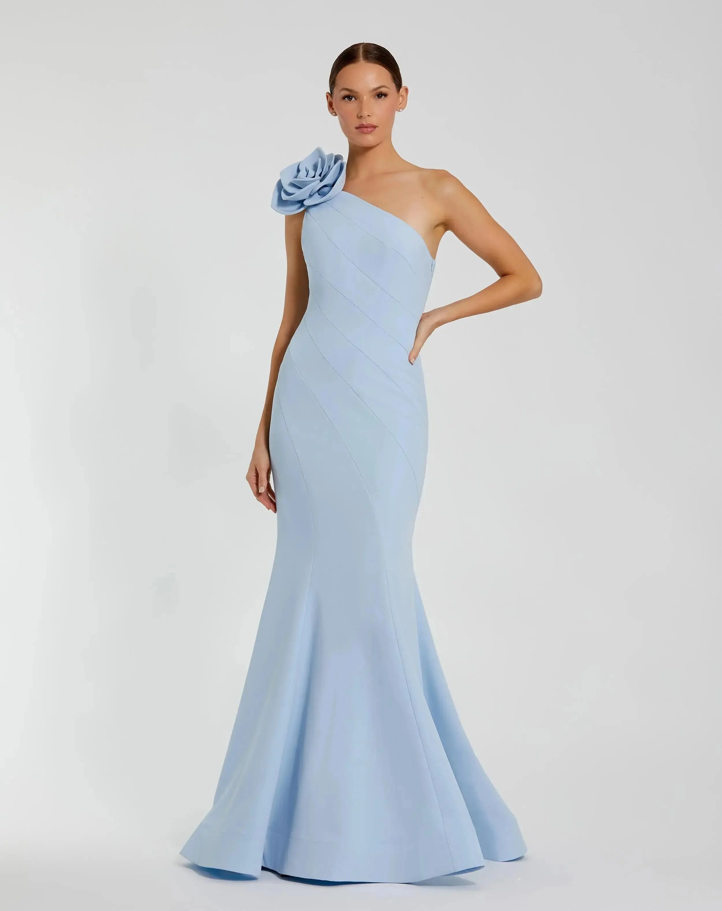Powder Blue One Shoulder Mermaid Gown With 3D Flower - 1
