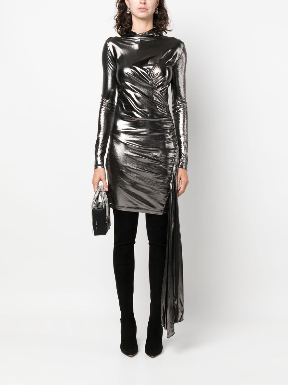 draped metallic long-sleeve dress - 2