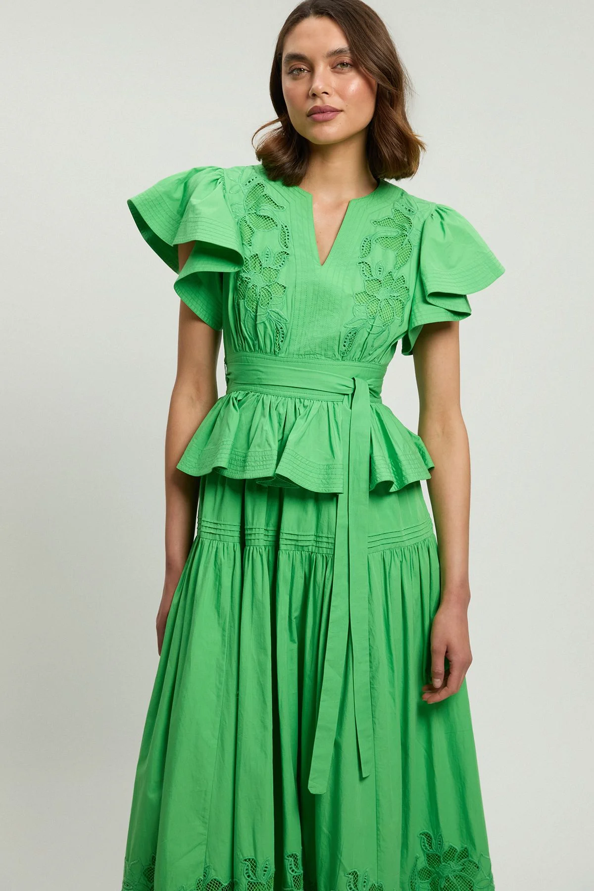 Cotton Cutwork Belted Midi Dress - 1