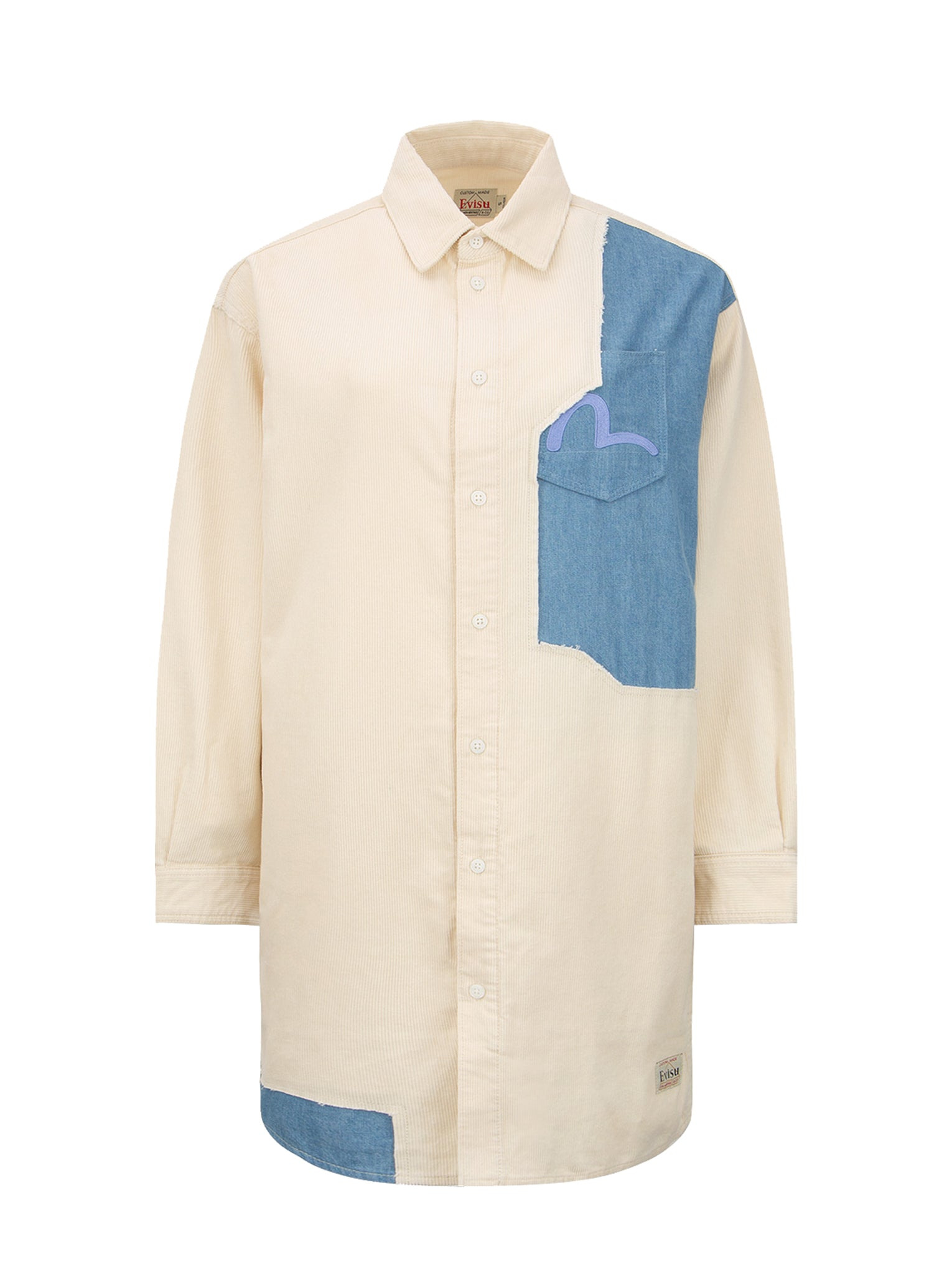 TEAR-OFF DESIGN FABRIC BLOCKING CORDUROY SHIRT DRESS - 10