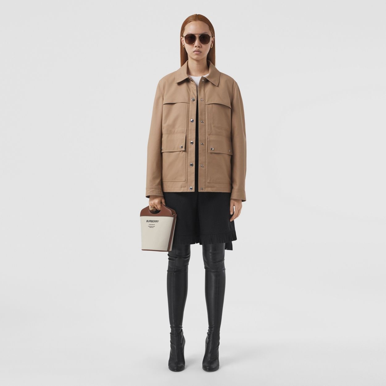 Small Two-tone Canvas and Leather Pocket Bucket Bag - 6
