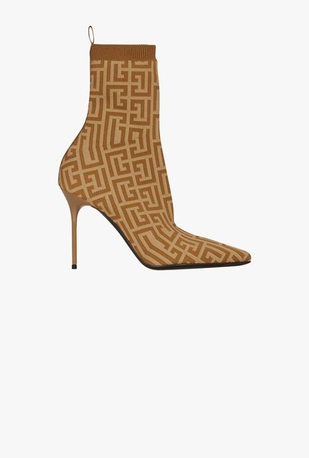 Bicolor nude and sand-colored stretch knit Skye ankle boots with Balmain monogram - 1