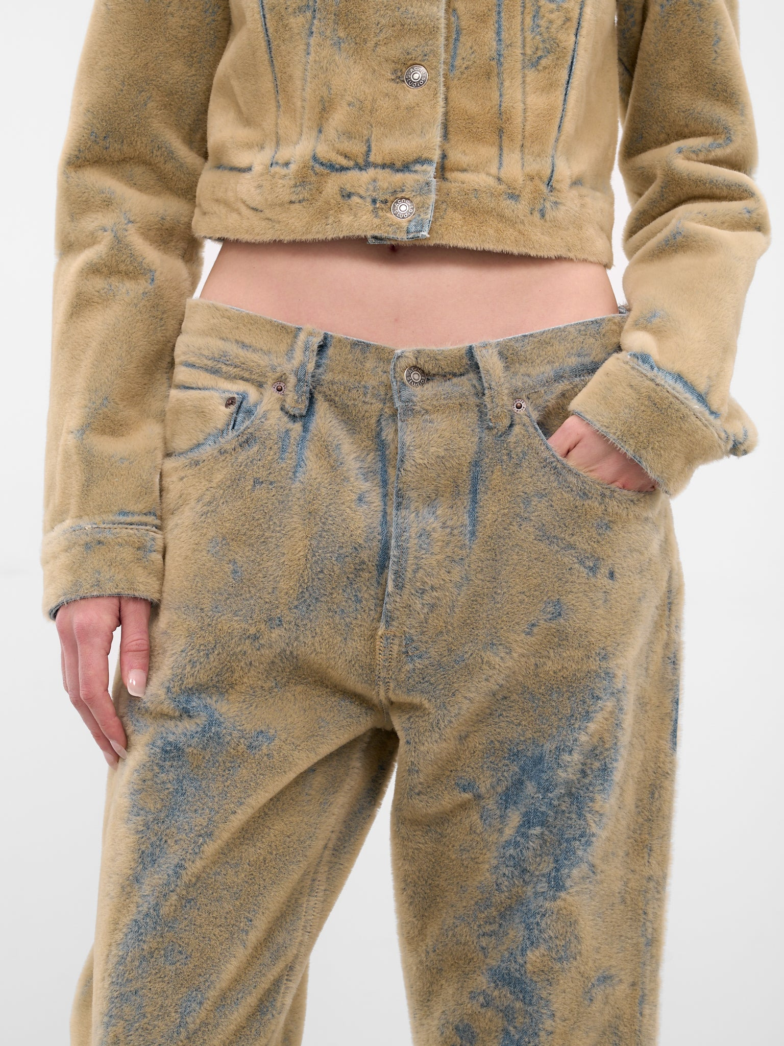 Beige Flocked Straight Leg Jeans - 4