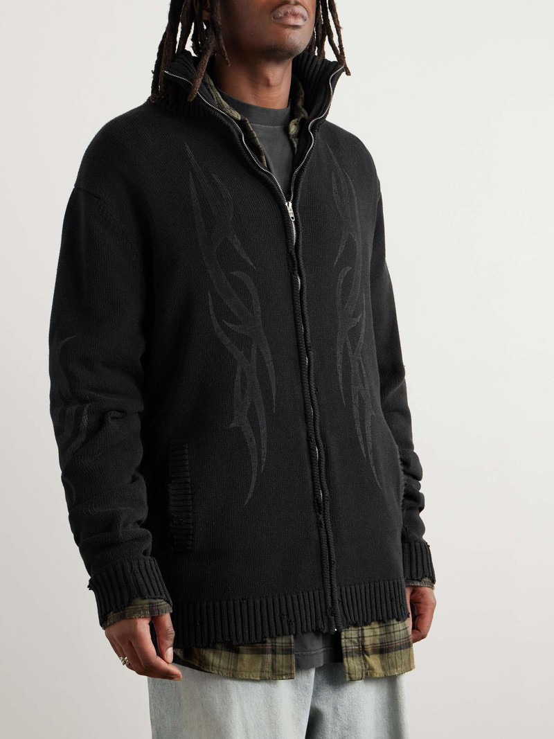 BALENCIAGA Oversized Distressed Printed Knitted Zip-Up Cardigan