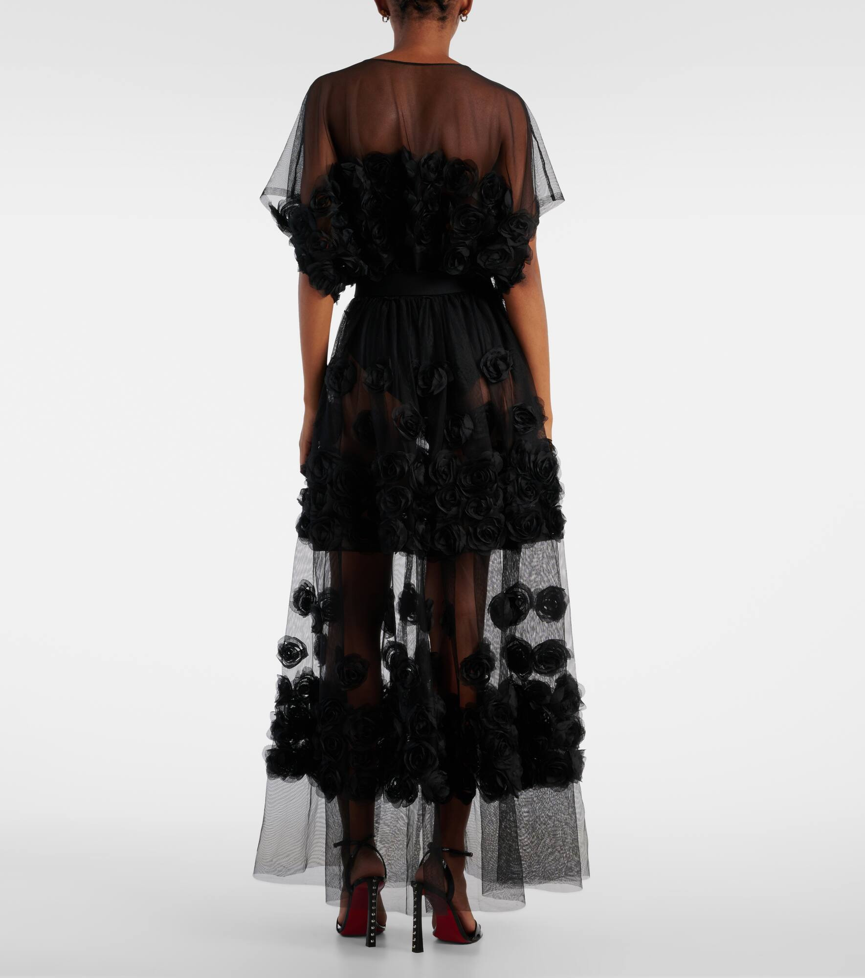 Floral-appliqué tulle midi dress - 3