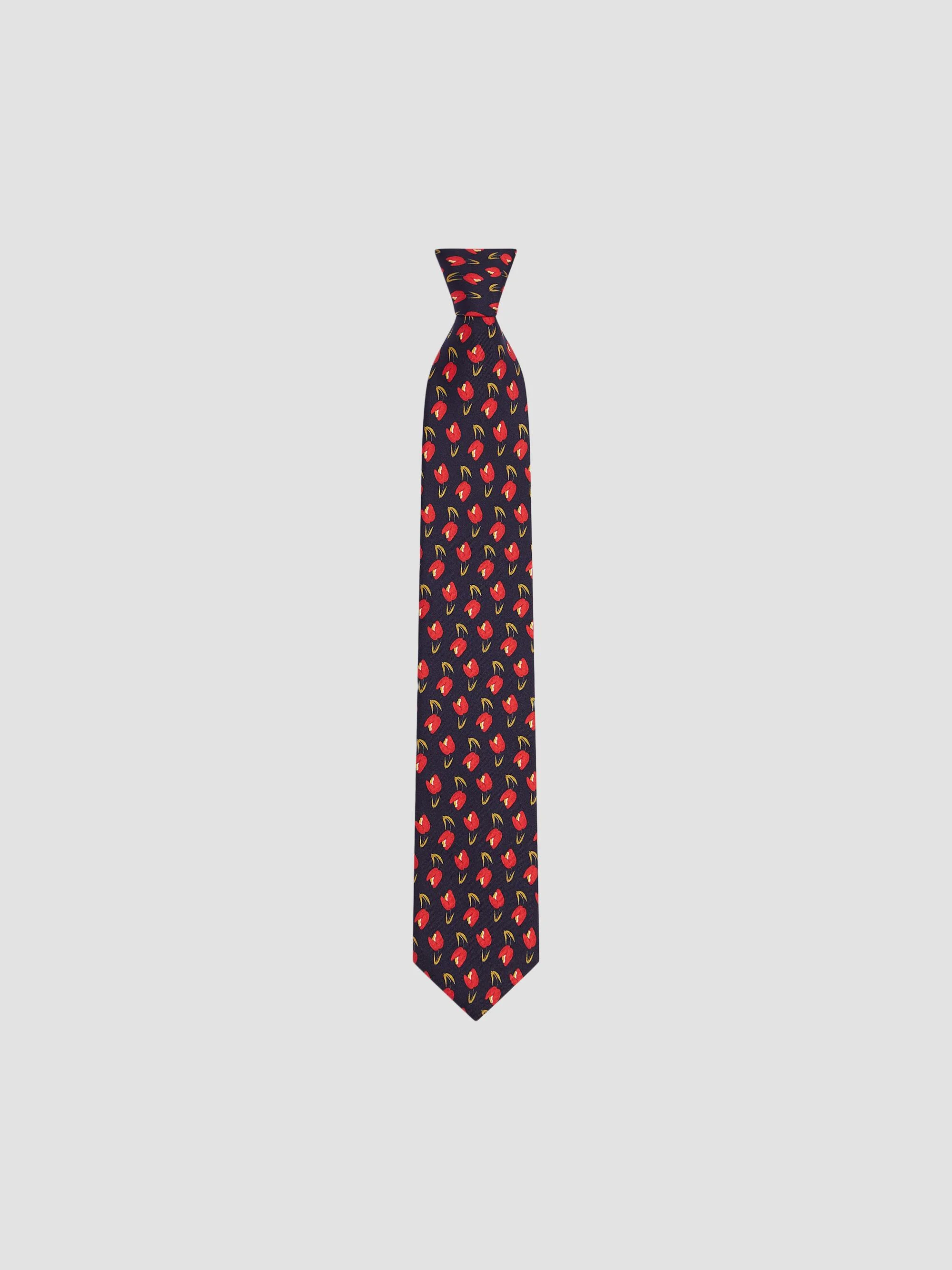 Men's Tie in Silk with Tulip Print - Navy Red - 1