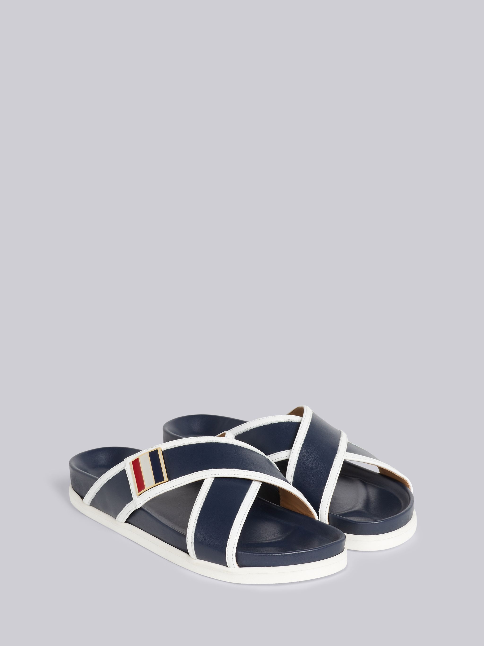 Navy Vitello Calf Leather Enamel Buckle Criss Cross Sandal - 3