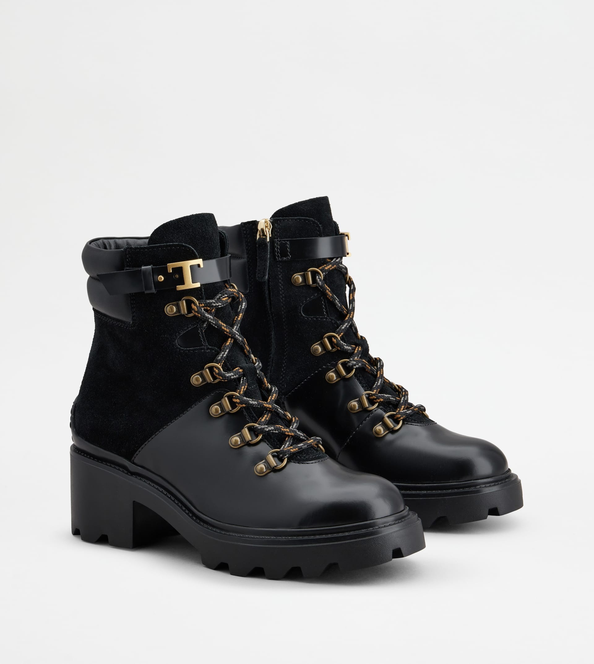LACE-UP ANKLE BOOTS IN SMOOTH LEATHER AND SUEDE - BLACK - 3