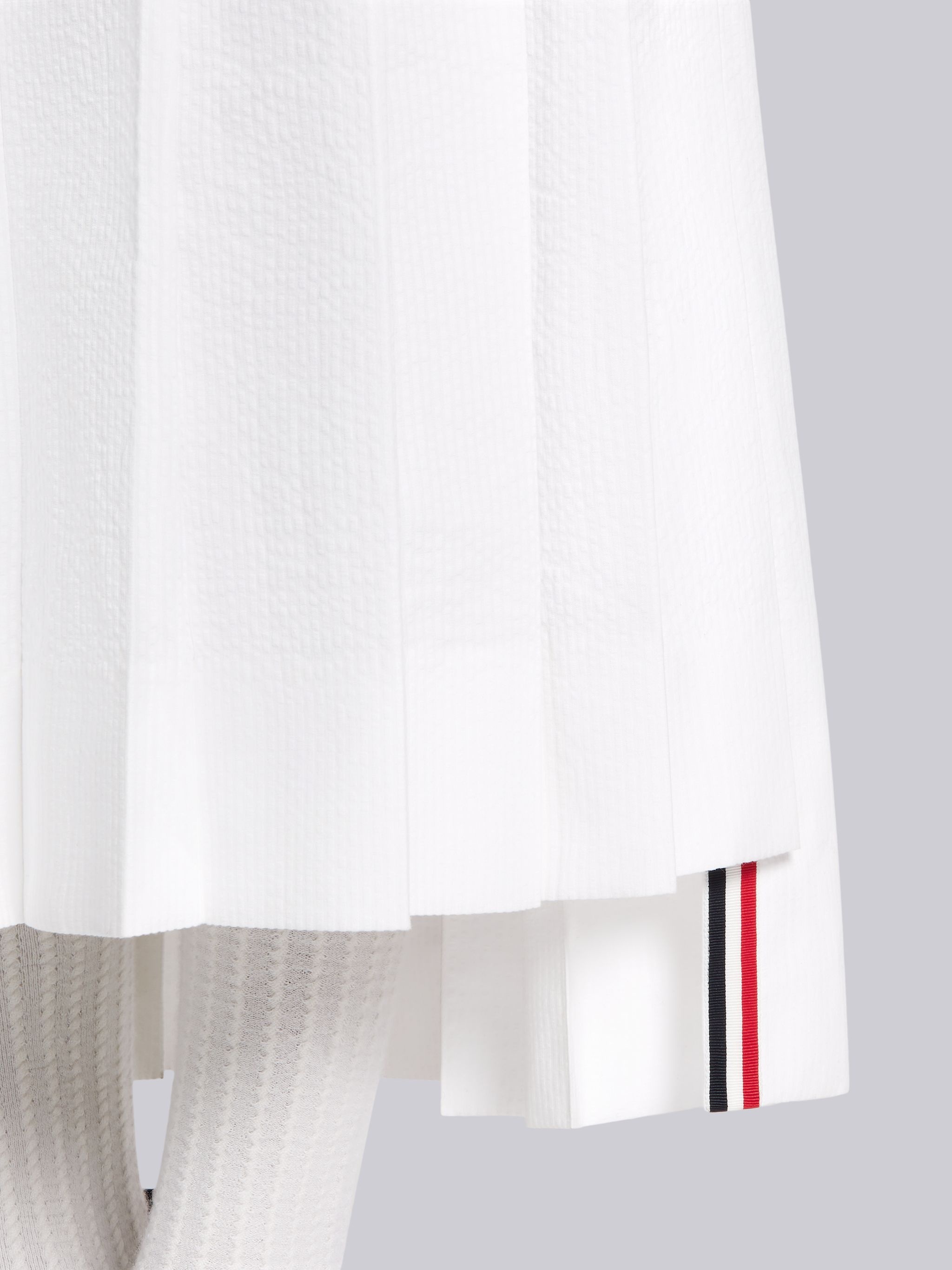 White Cotton Pique Striped Cuff Long Sleeve Ankle Length Pleated Shirtdress - 5