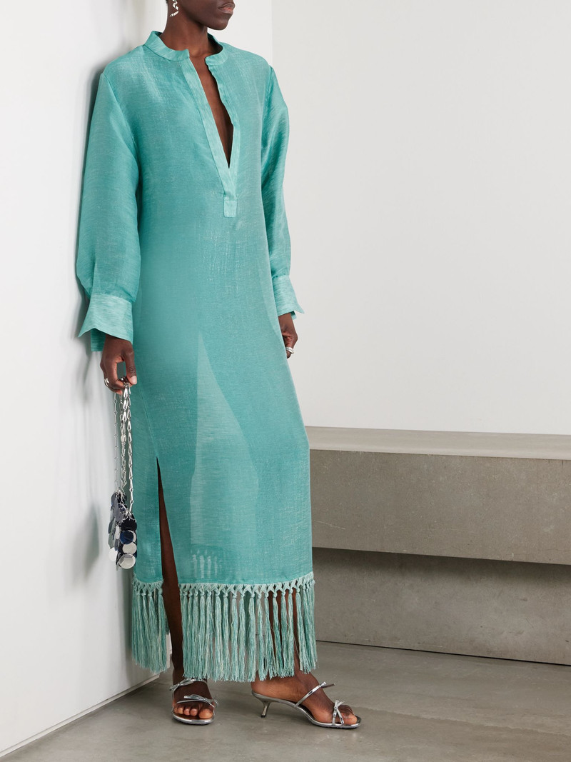 Taller Marmo Bahamas fringed linen-blend maxi dress Turquoise outlook