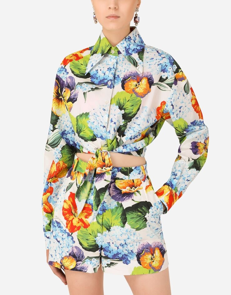 Hydrangea-print poplin shirt with tie - 4