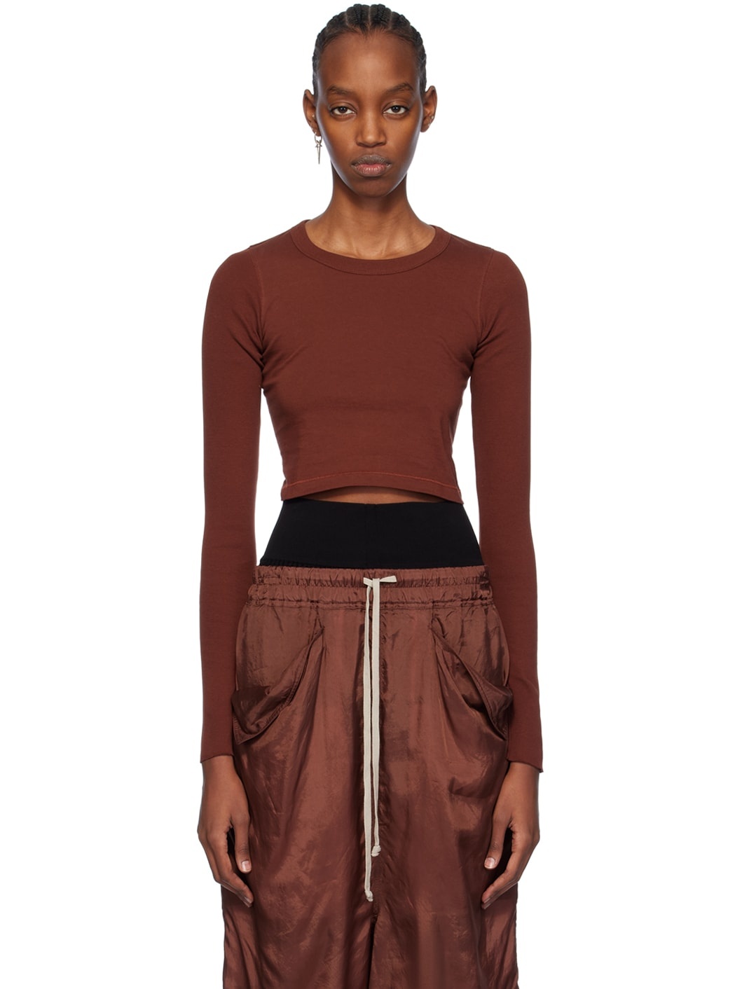 Brown Cropped Long Sleeve T-Shirt - 1
