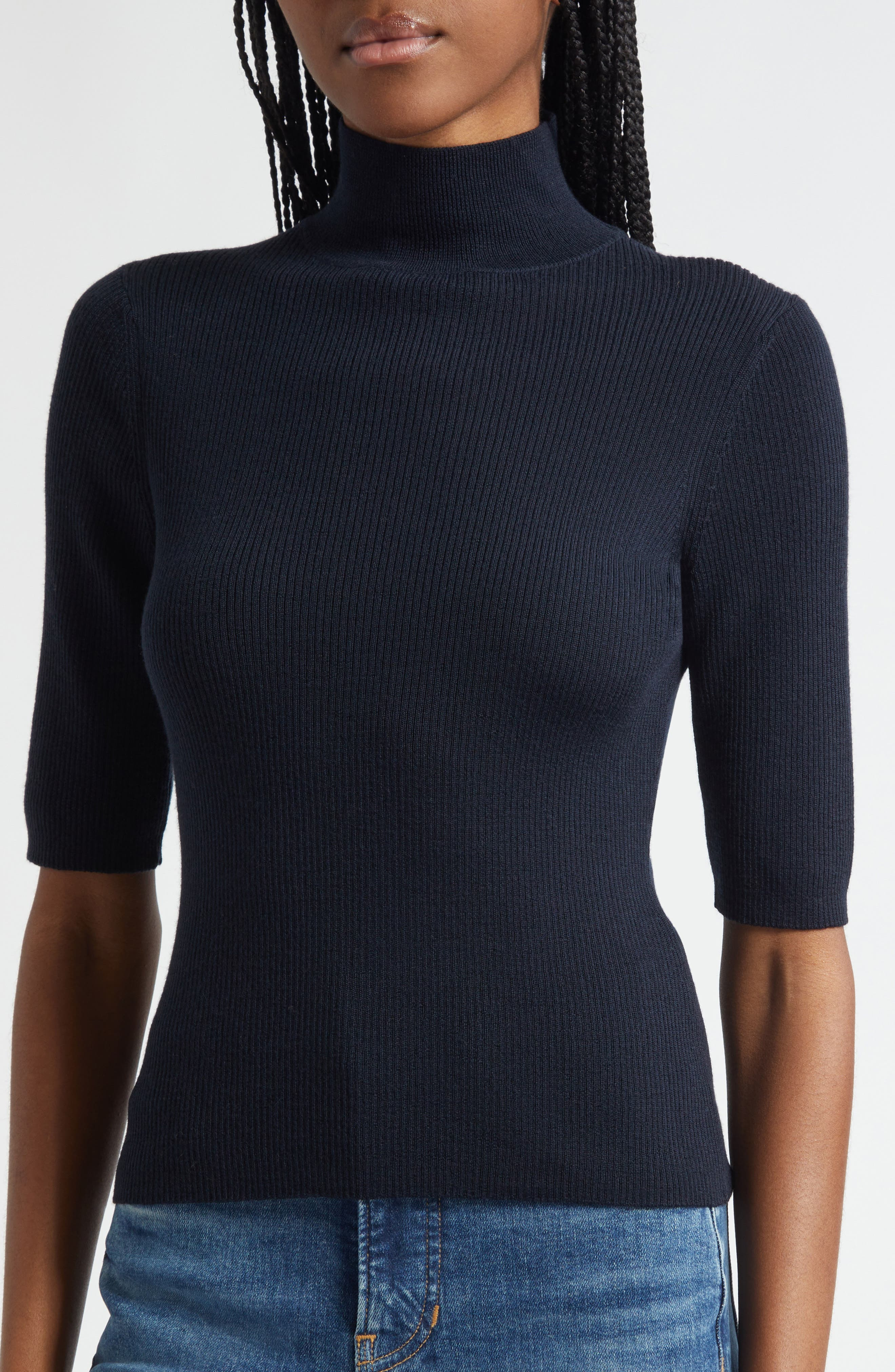Veronica Beard Alastair Rib Short Sleeve Merino Wool Sweater in Navy at Nordstrom - 4