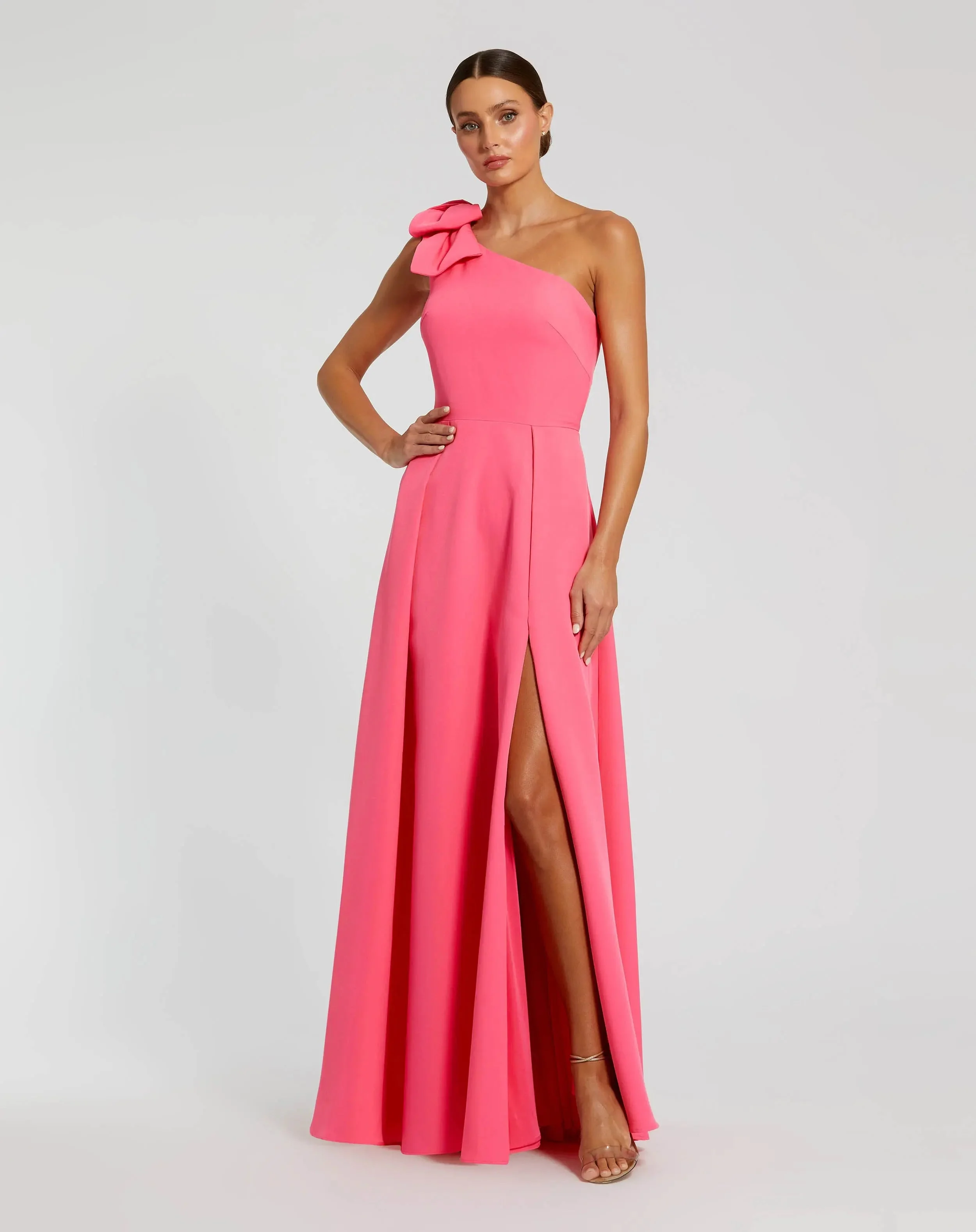 Candy Pink Bow One Shoulder Sleeveless A-Line Gown - 1