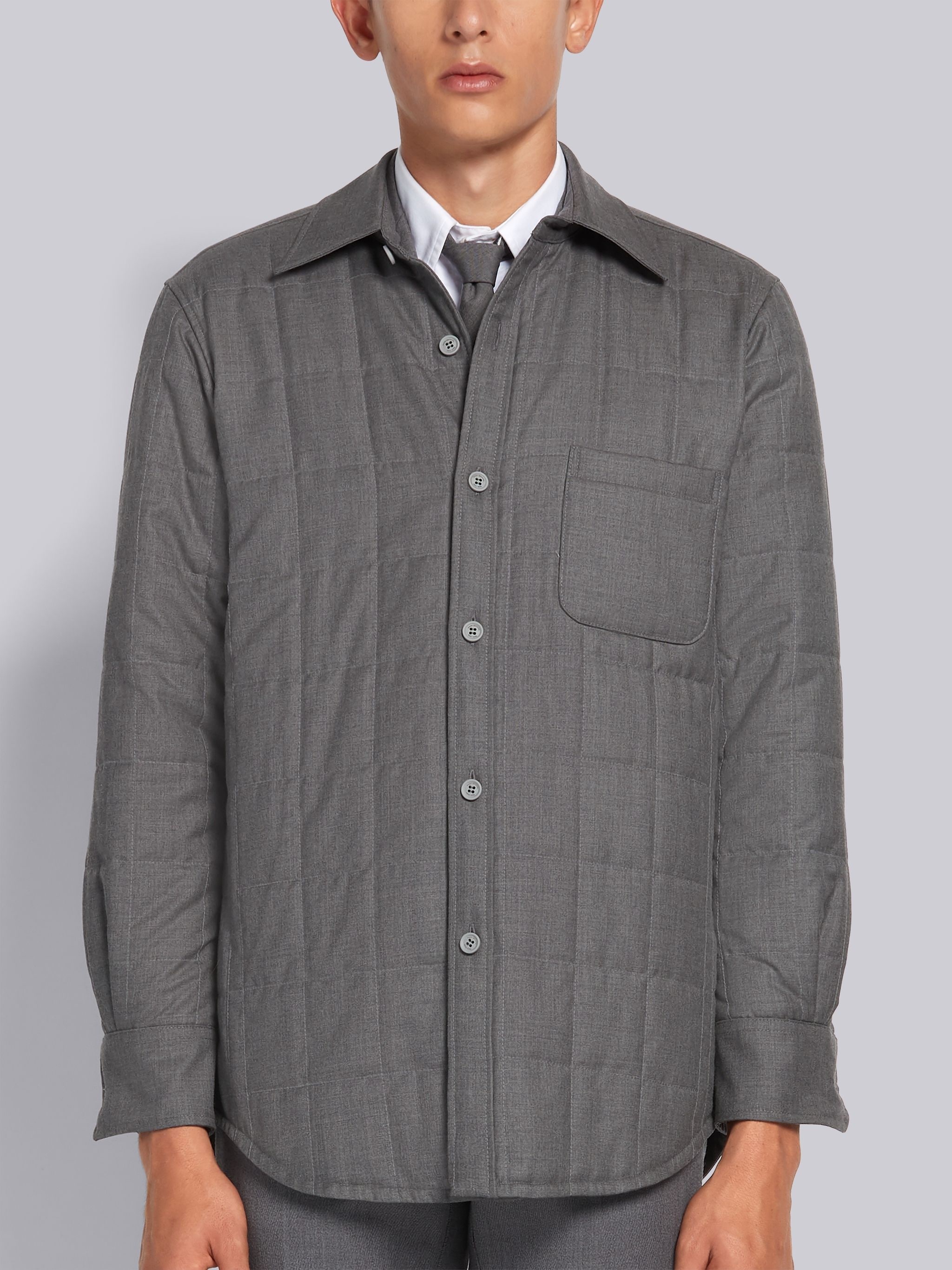 Medium Grey Down Filled Super 120s Twill Shirt Jacket - 1