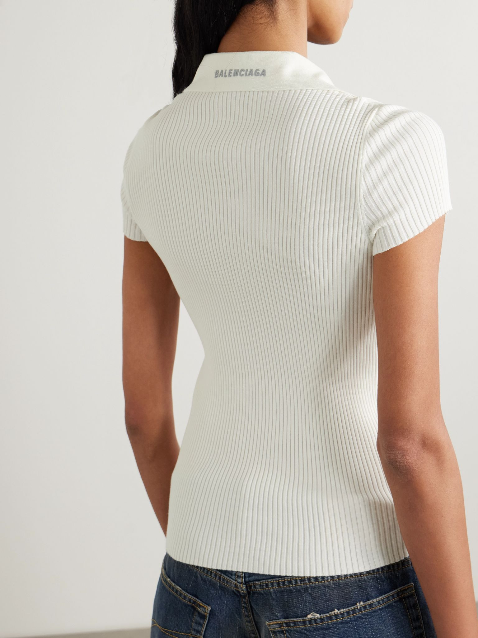 Embroidered ribbed wool-blend polo shirt White - 3