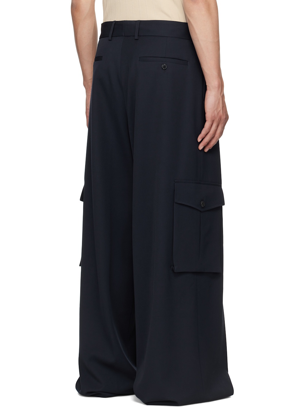 Navy Wide Pleated Trousers - 3