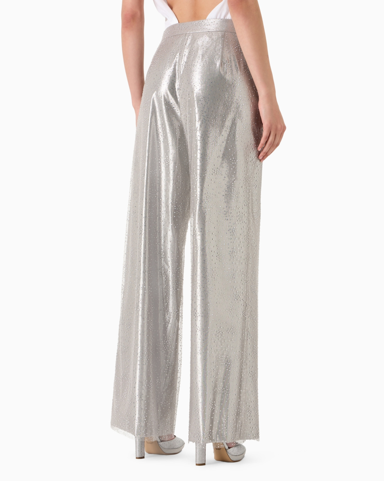 Silk cady wide-leg trousers in silk and tulle with rhinestone embroidery - 3