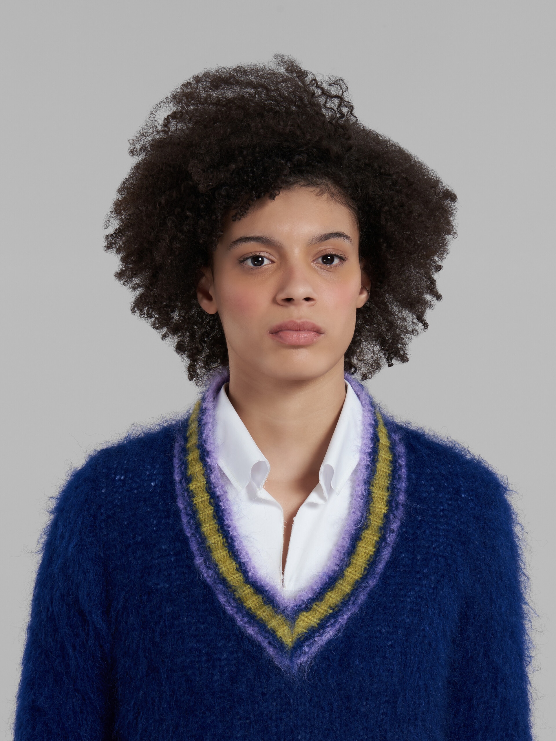 BLUE MOHAIR JUMPER WITH STRIPED TRIMS - 4