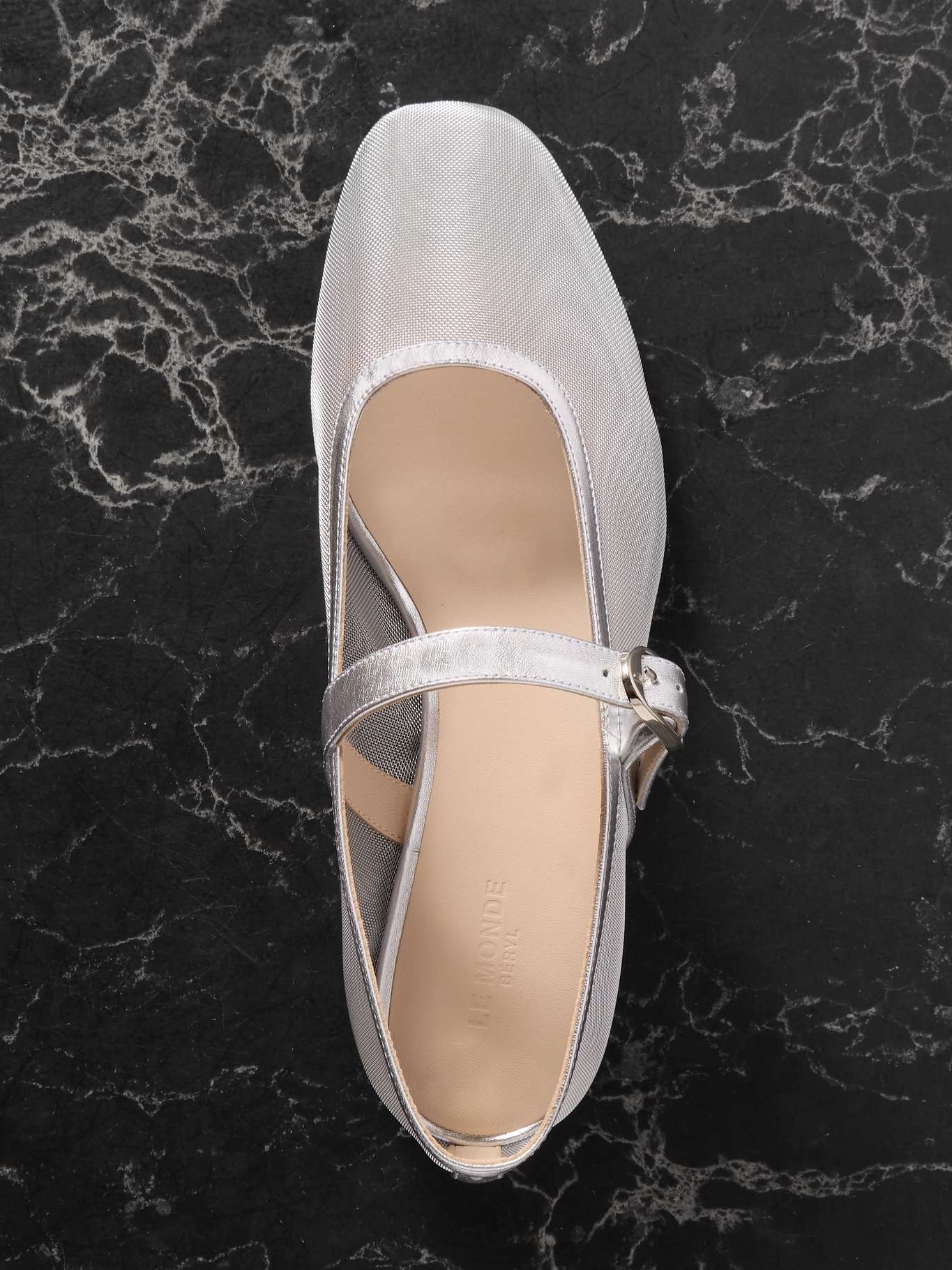 Metallic leather-trimmed mesh Mary Jane ballet flats Silver - 5