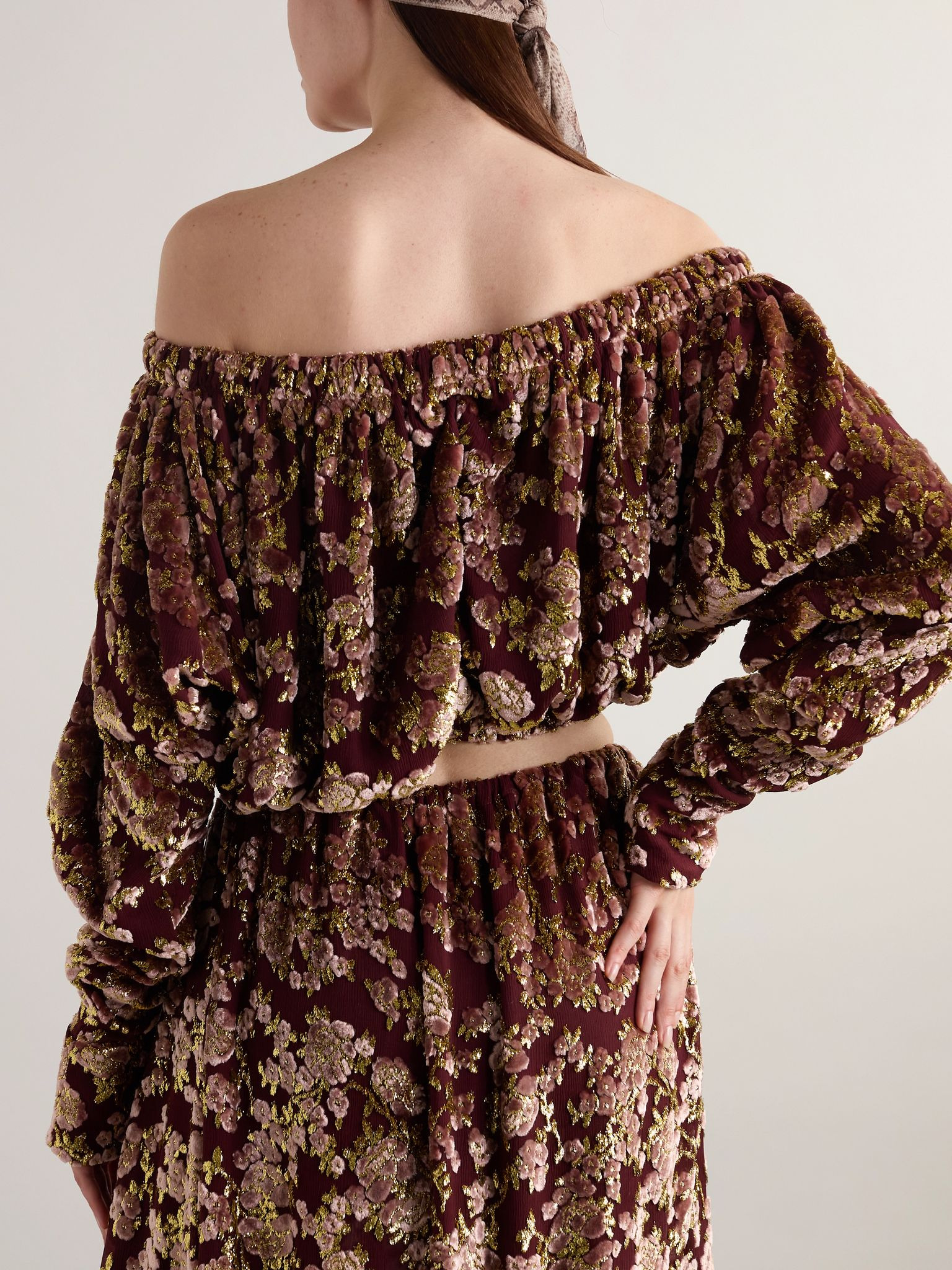 Off-the-shoulder ruched metallic devoré-velvet top Burgundy - 3