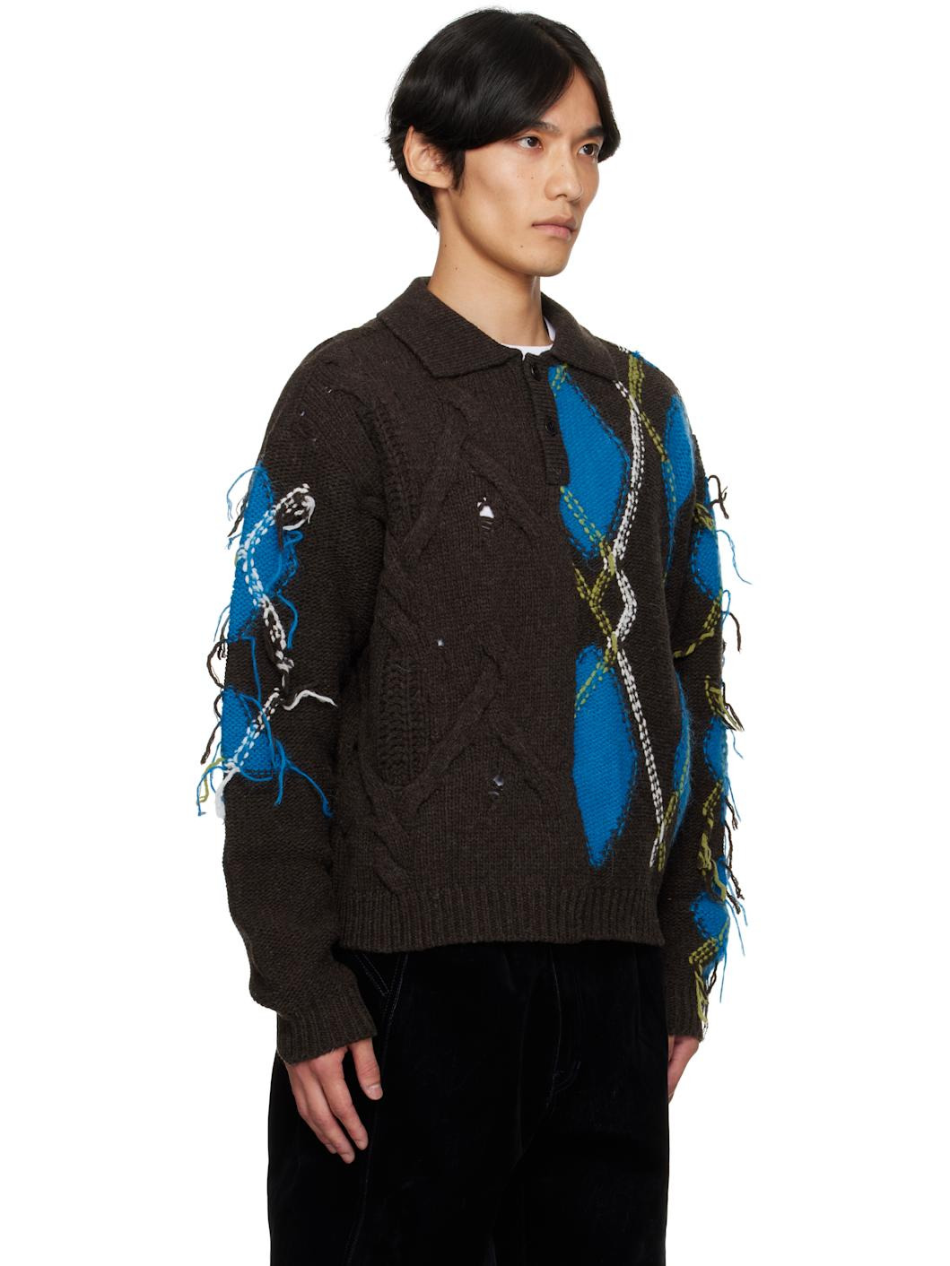 Brown & Blue Argyle Fisherman Polo Sweater - 2