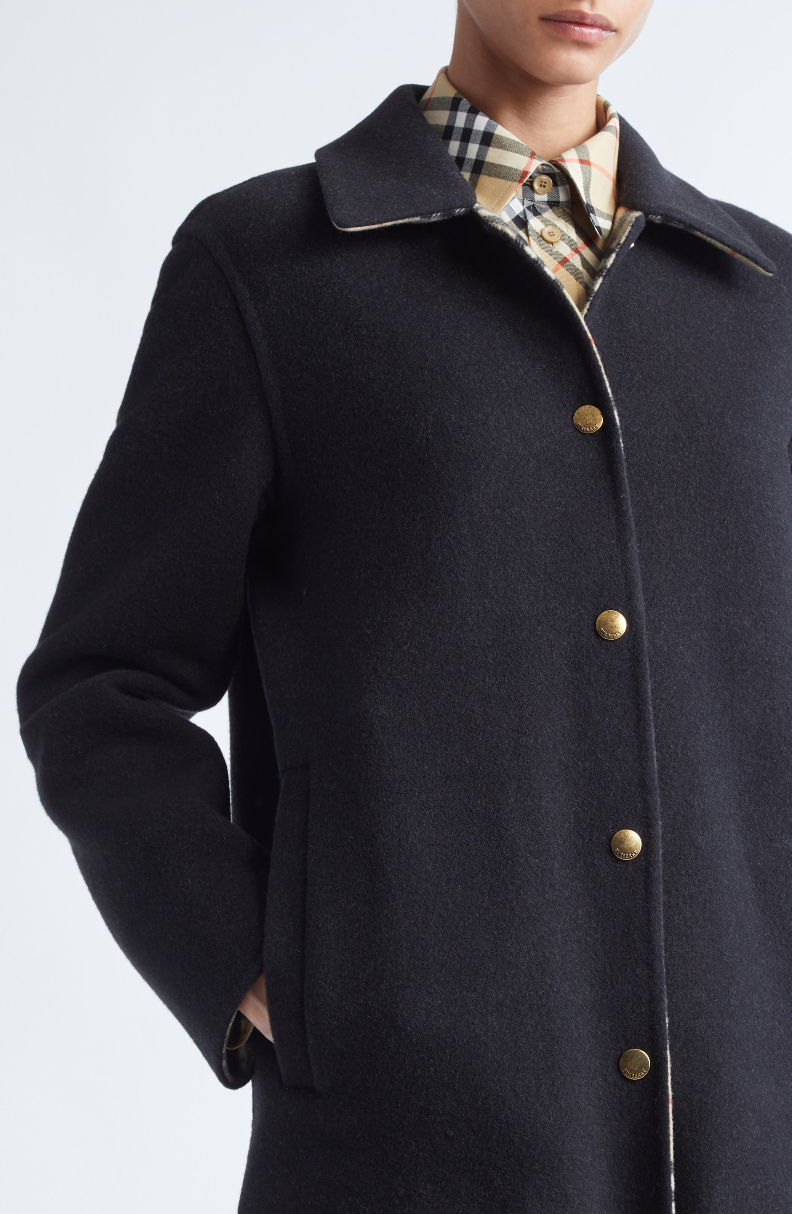 burberry Double Face Wool Twill Overshirt in Black/Sand Ip Check at Nordstrom - 4