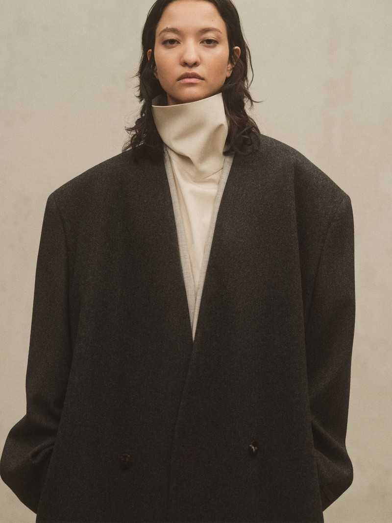 Military Wool Long Relaxed Lapelless Blazer 2