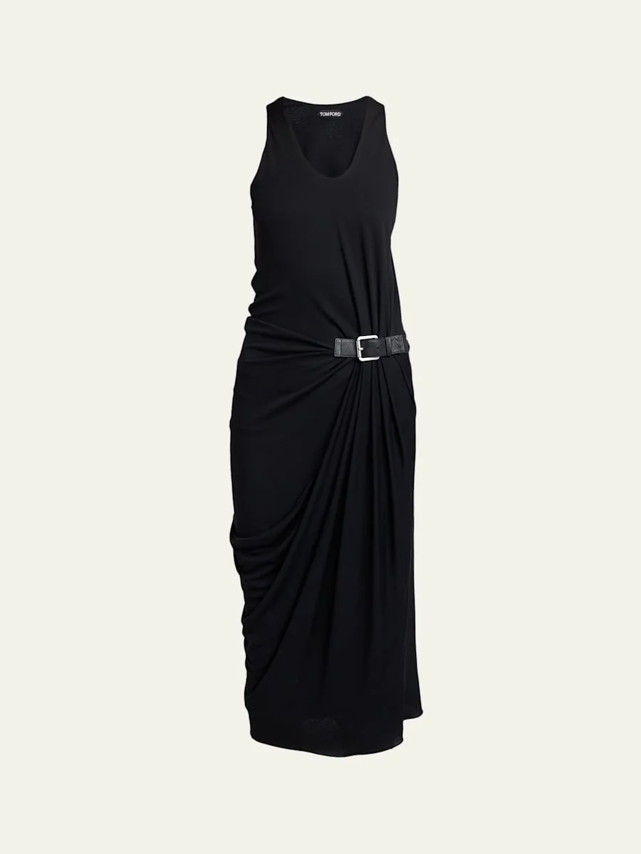 Buckle Gathered Crepe Jersey Sleeveless Midi Dress - 1