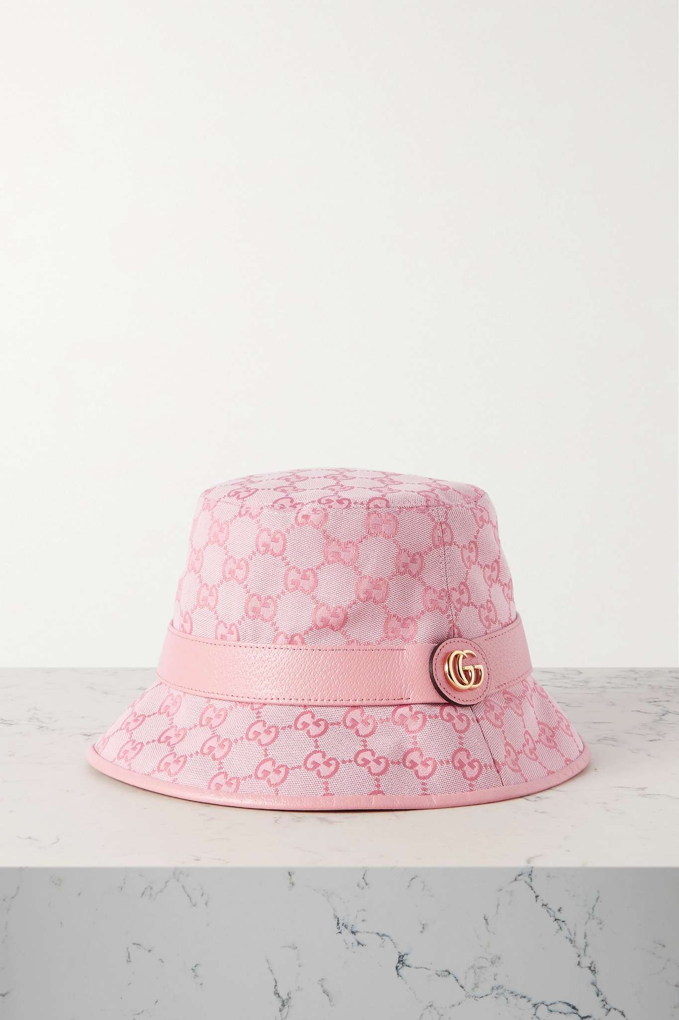 Leather-trimmed cotton-blend canvas-jacquard bucket hat - 1