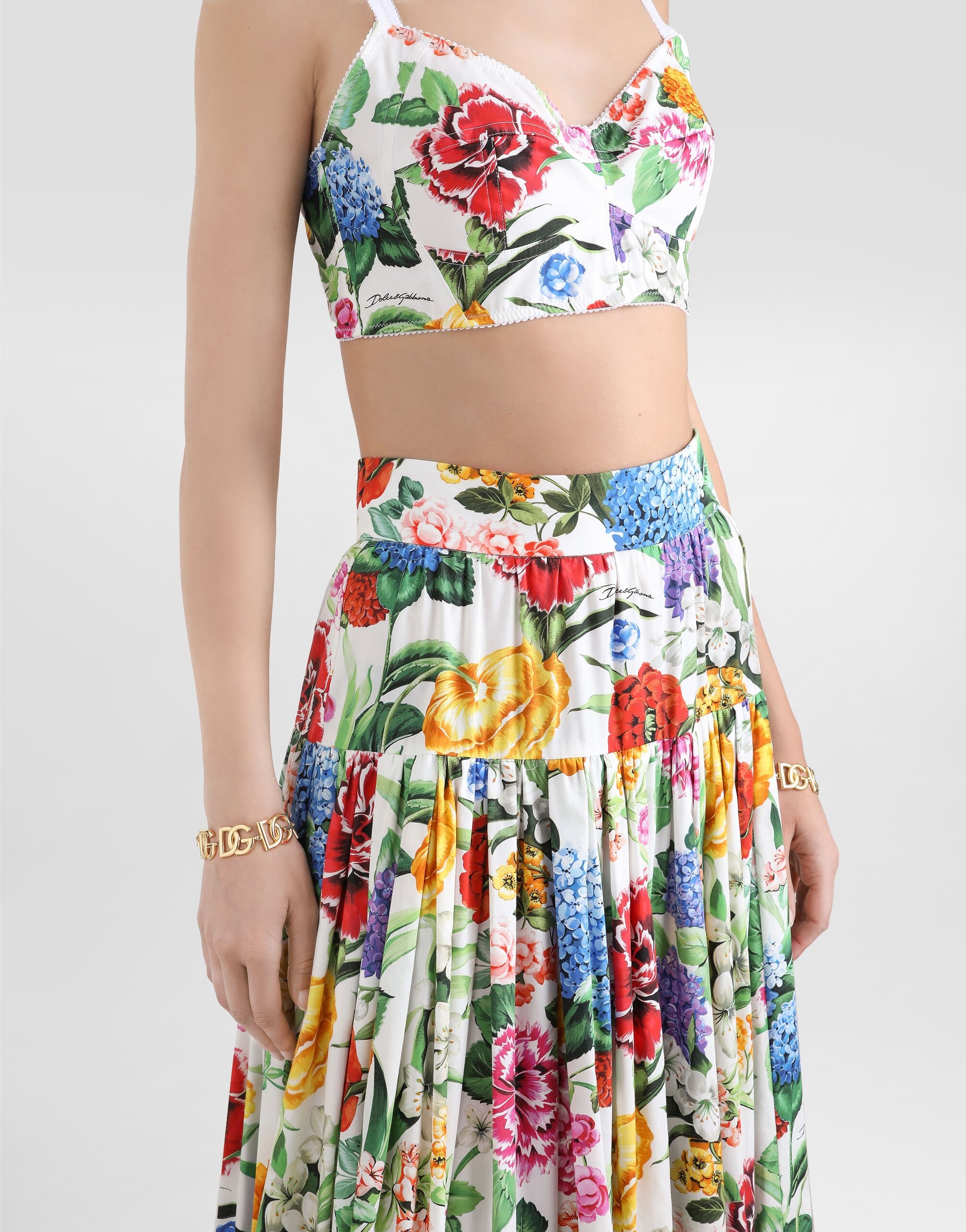 Dolce & Gabbana Long ruffled skirt in floral-print cotton