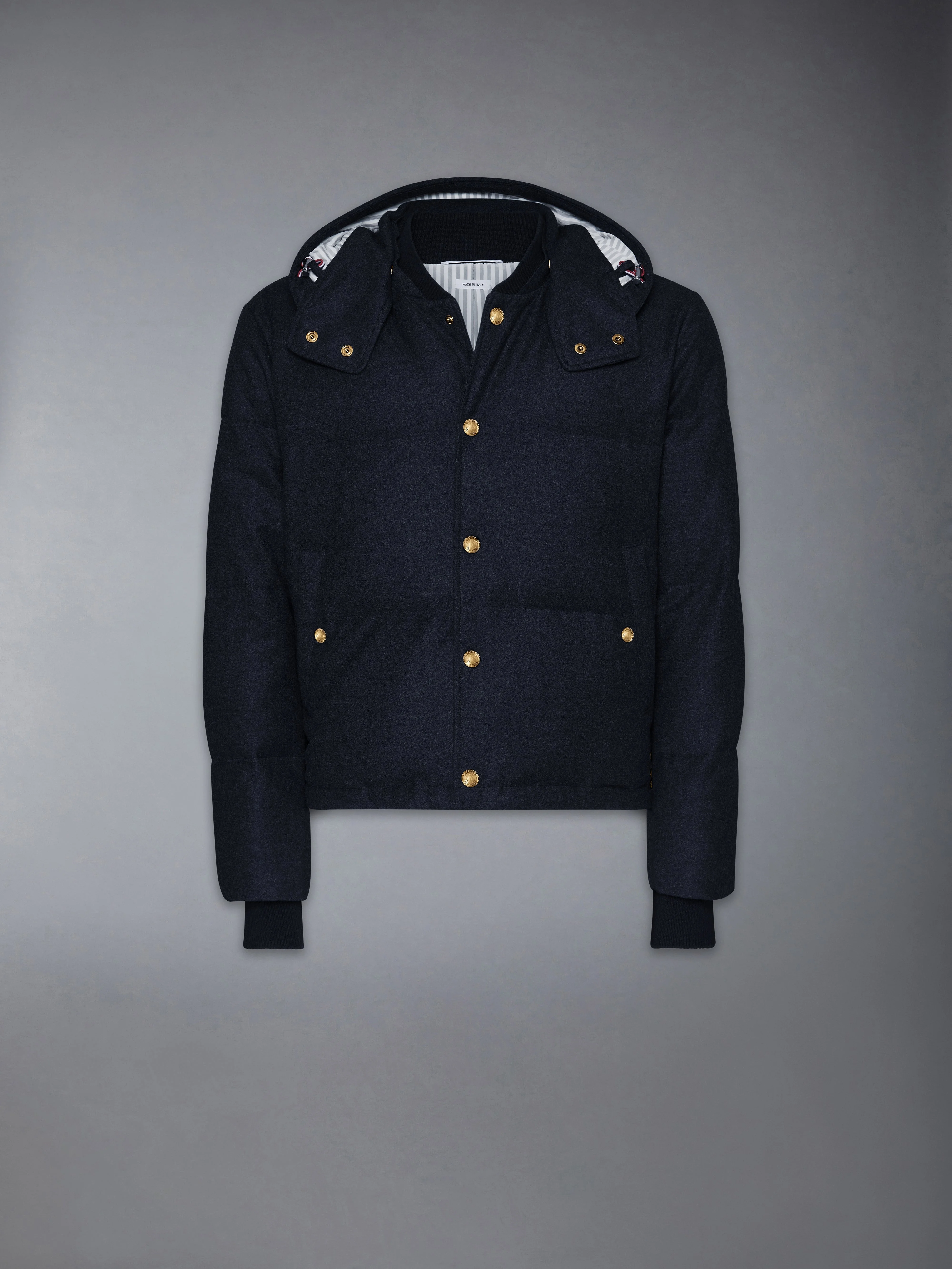 DOWNFILL SNAP FRONT DETACHABLE HOOD BOMBER W/ TONAL GROSGRAIN IN WOOL FLANNEL - 1