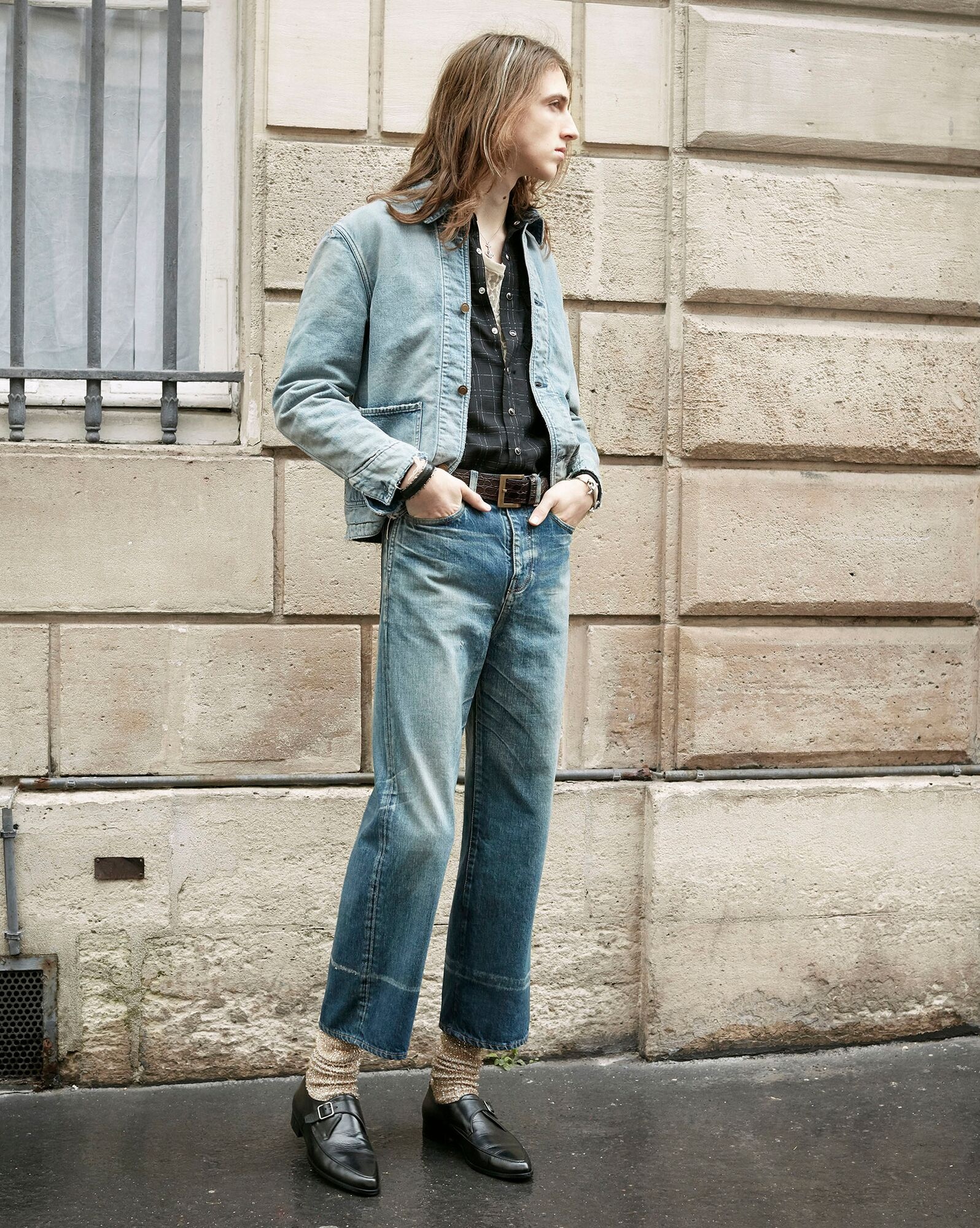 slim-fit western shirt in shiny and matte wool check - 2