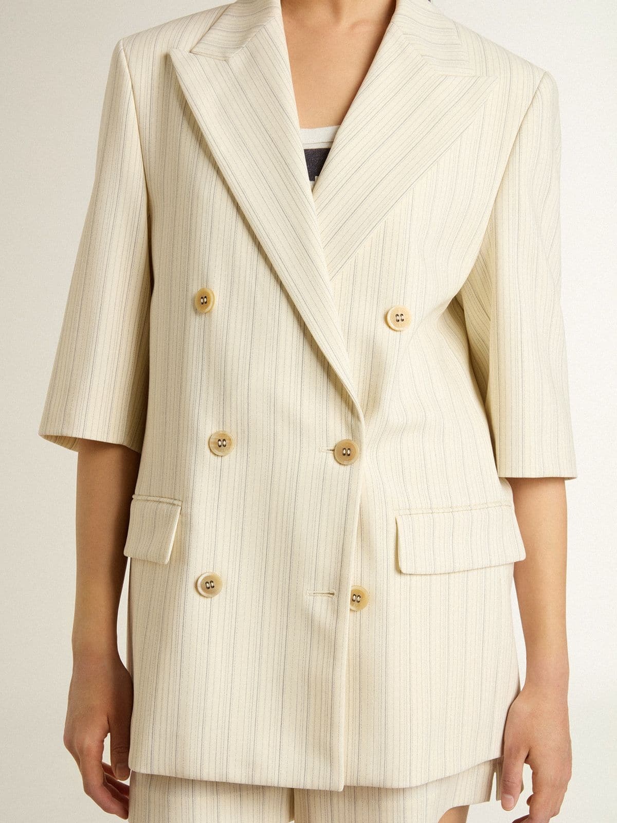 Women's blazer in white and gray pinstripe wool blend with short sleeves - 6