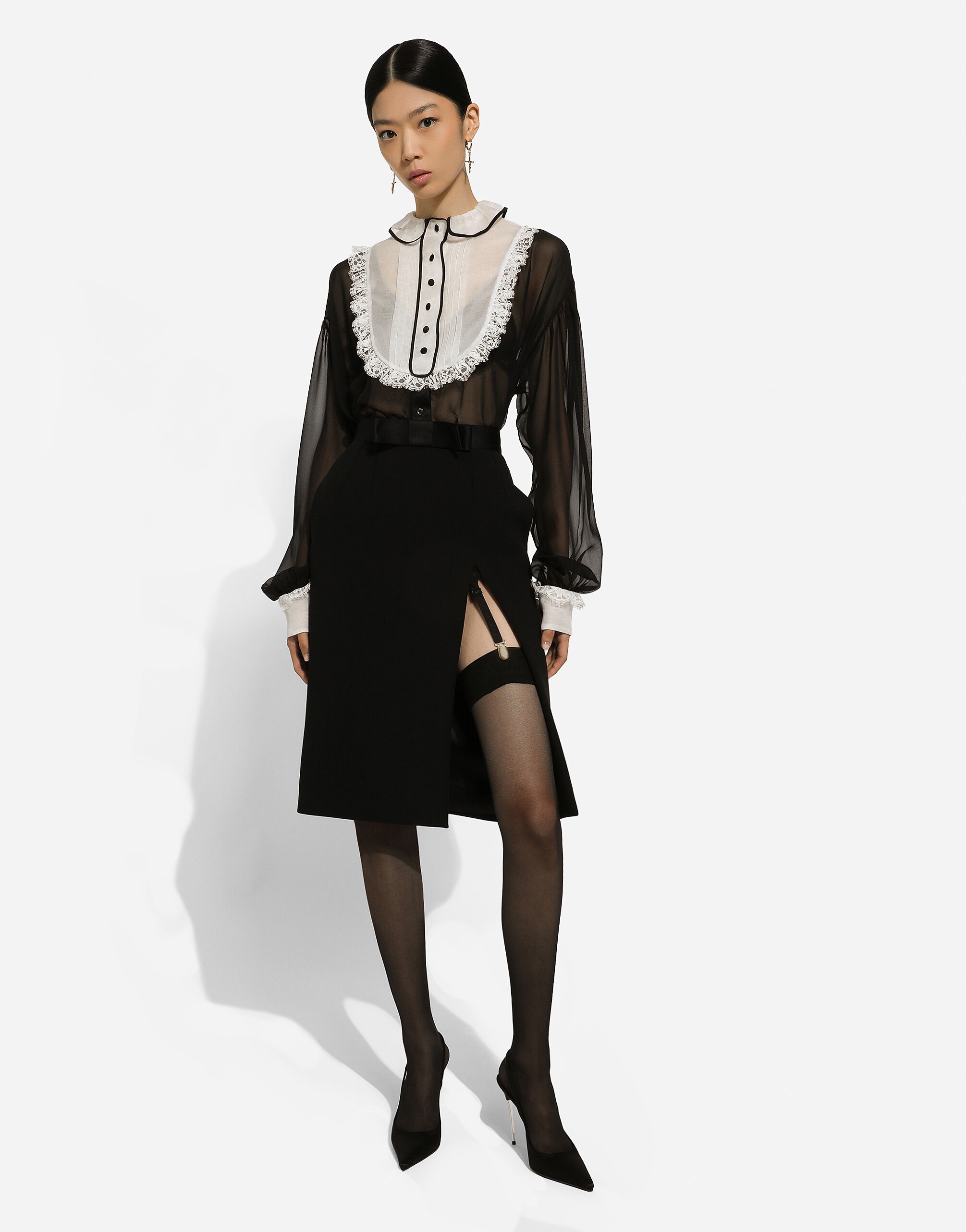 Wool midi pencil skirt with satin waistband - 8