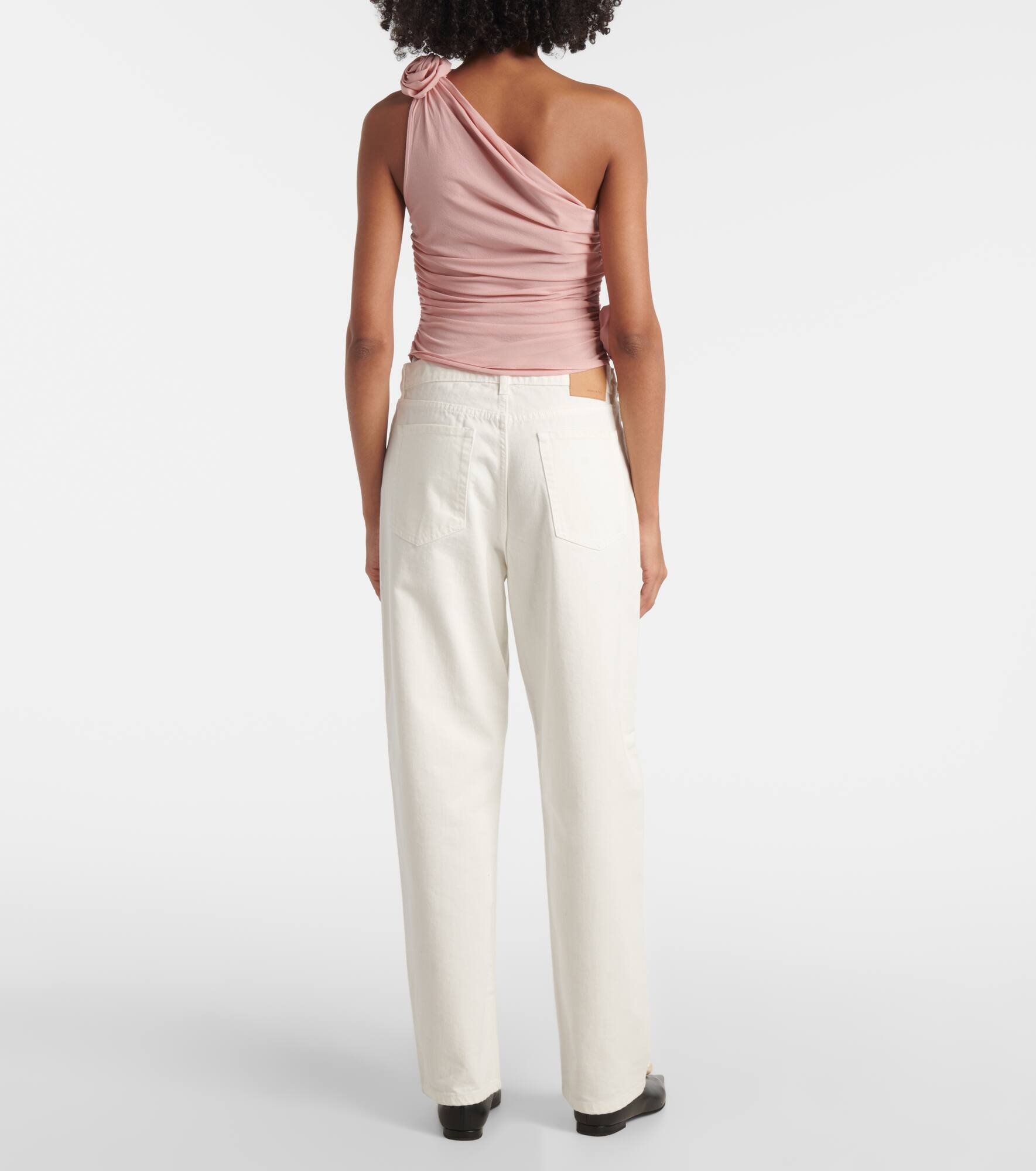 Floral-appliqué one-shoulder silk-blend top - 3