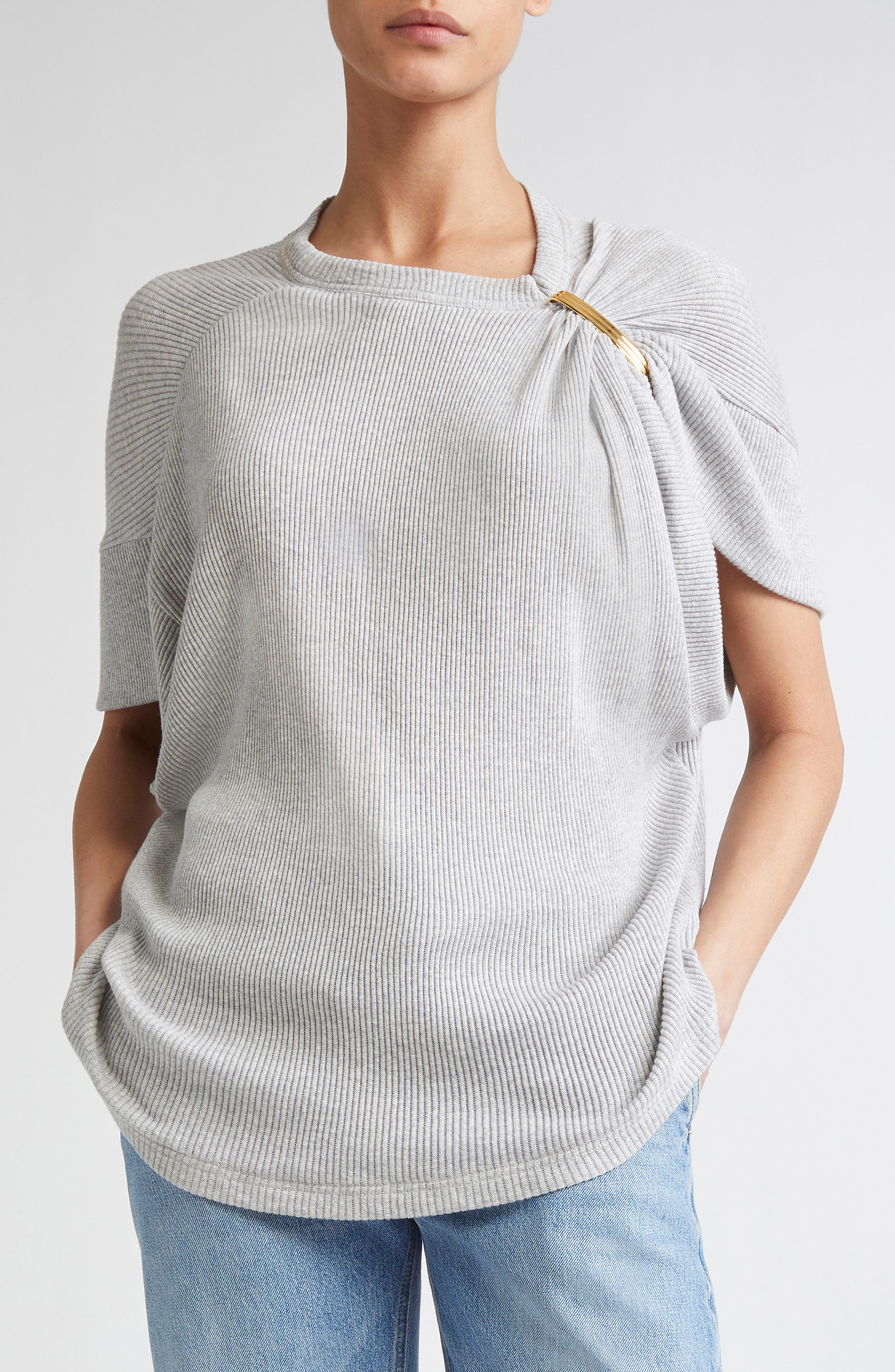 Brandon Maxwell The Faye Asymmetric Rib T-Shirt in Heather Grey/Gold at Nordstrom - 1