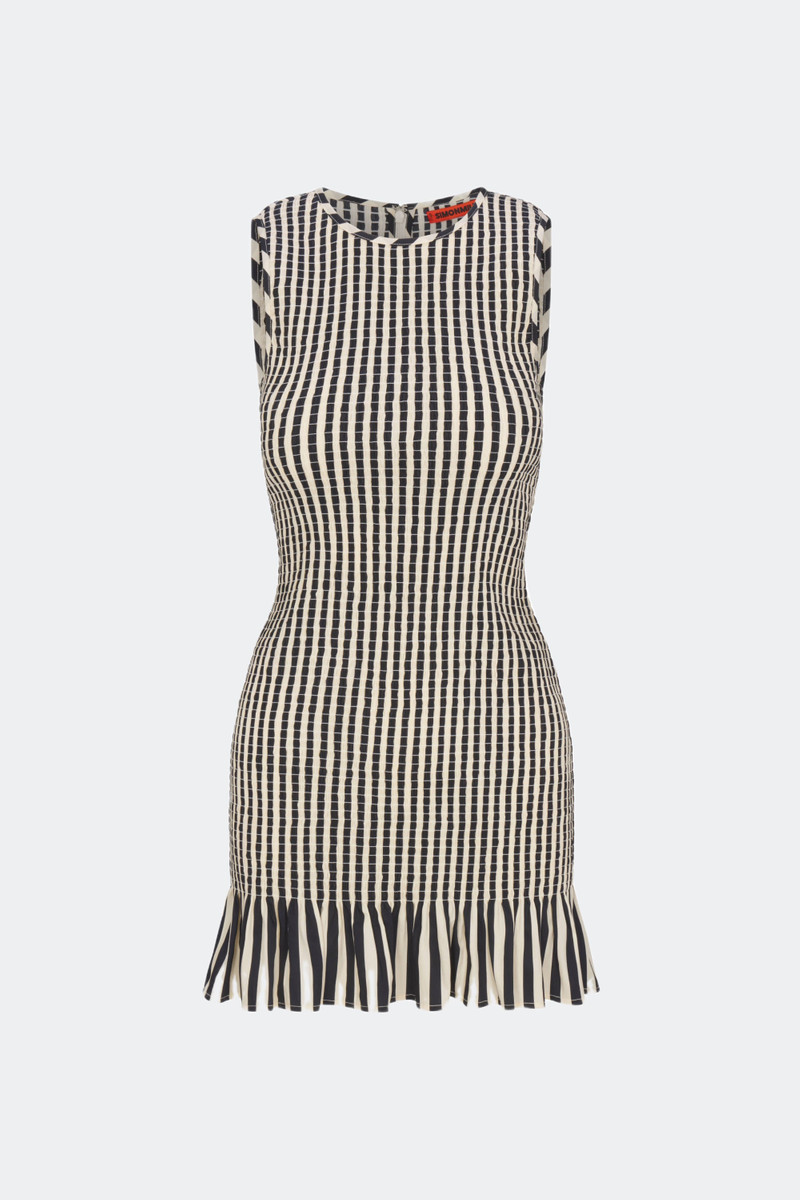 SIMONMILLER Belle Smocked Mini Dress in Black/White Stripe outlook