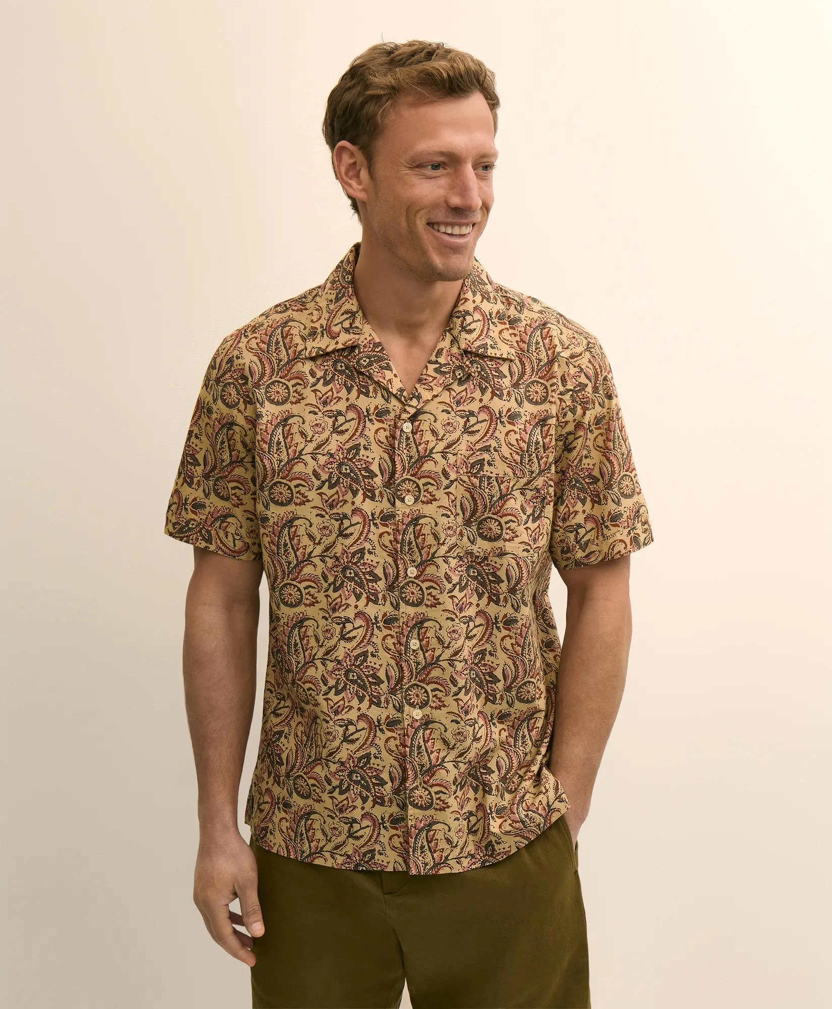 Cotton Camp Collar, Paisley Block Print Short-Sleeve Shirt - 1