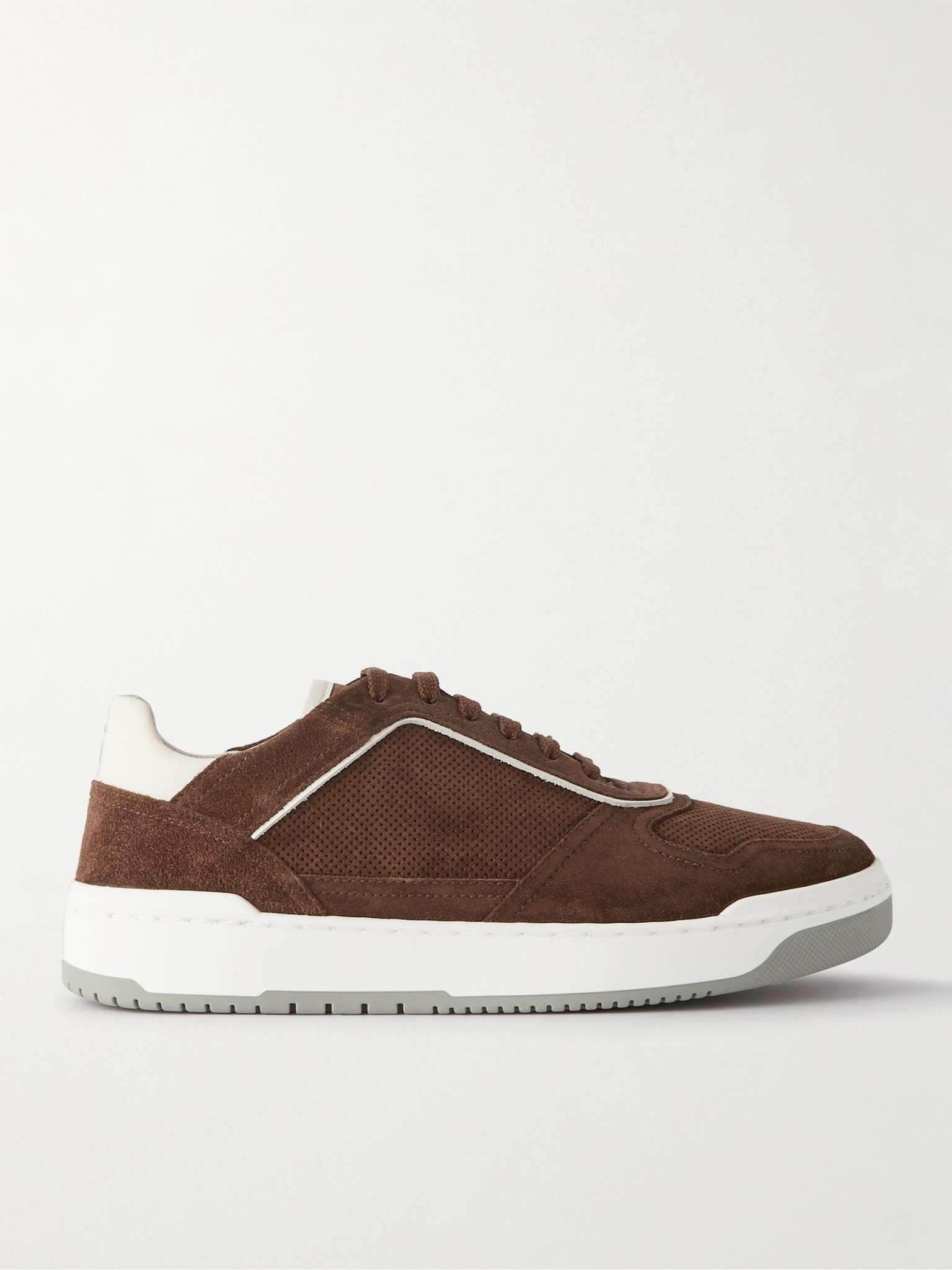 Suede-Trimmed Perforated Leather Sneakers - 1