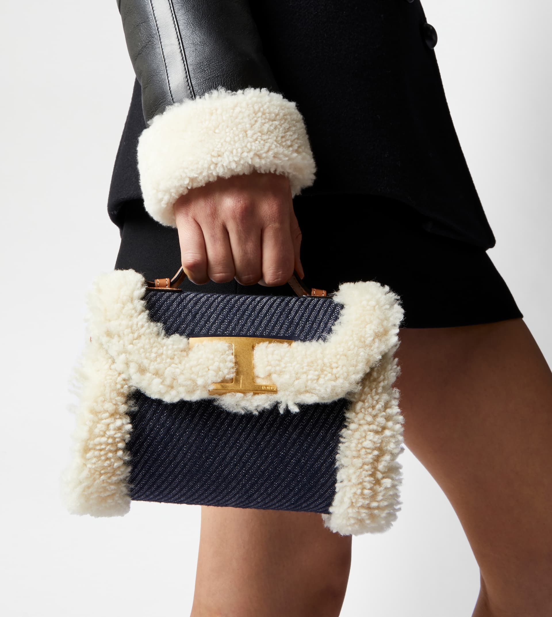 T TIMELESS CROSSBODY BAG IN DENIM AND SHEEPSKIN MICRO - OFF WHITE, BLUE - 2