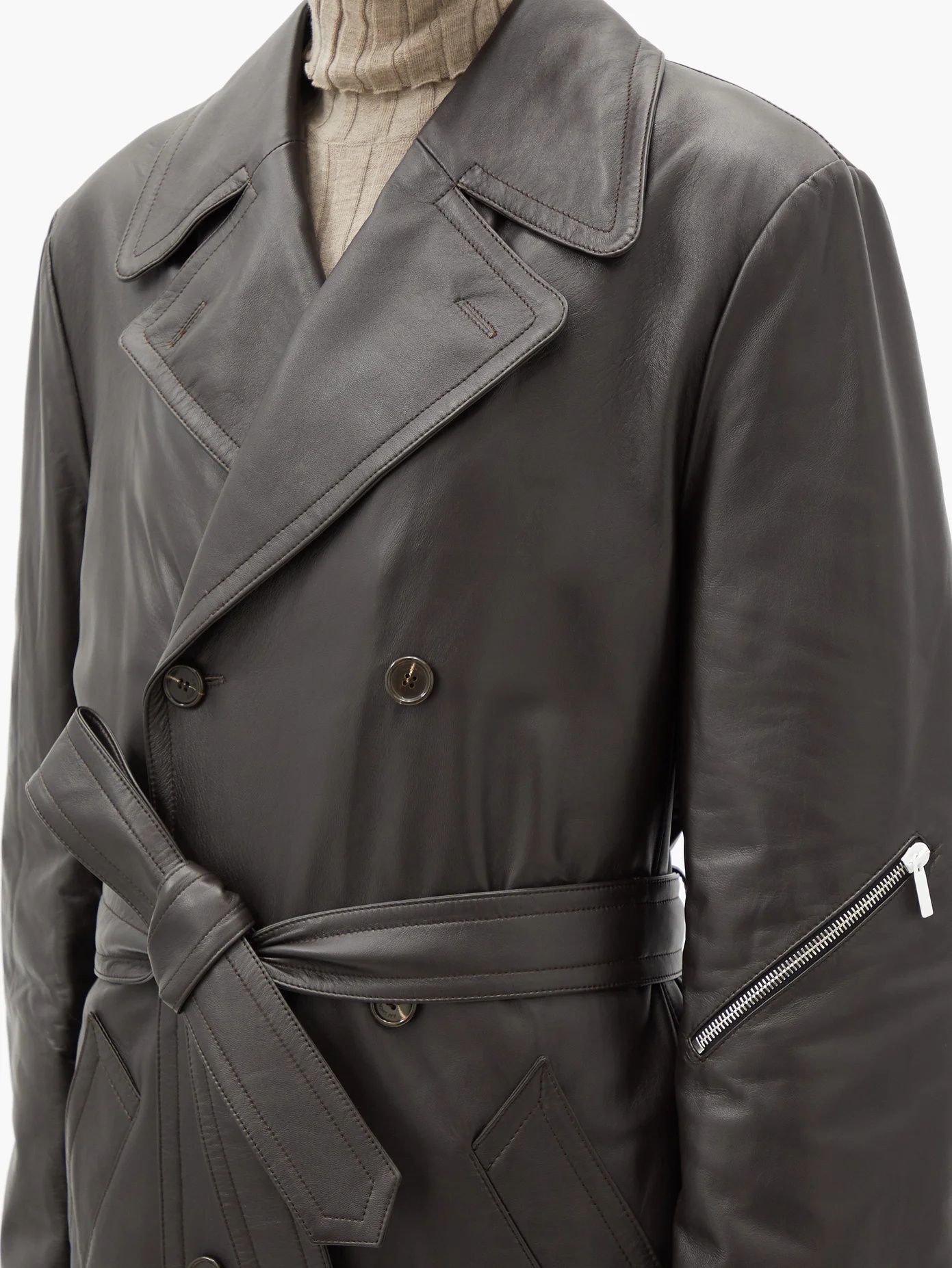 Double-breasted leather trench coat - 4