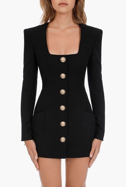 Short black wool dress with gold-tone buttons - 5