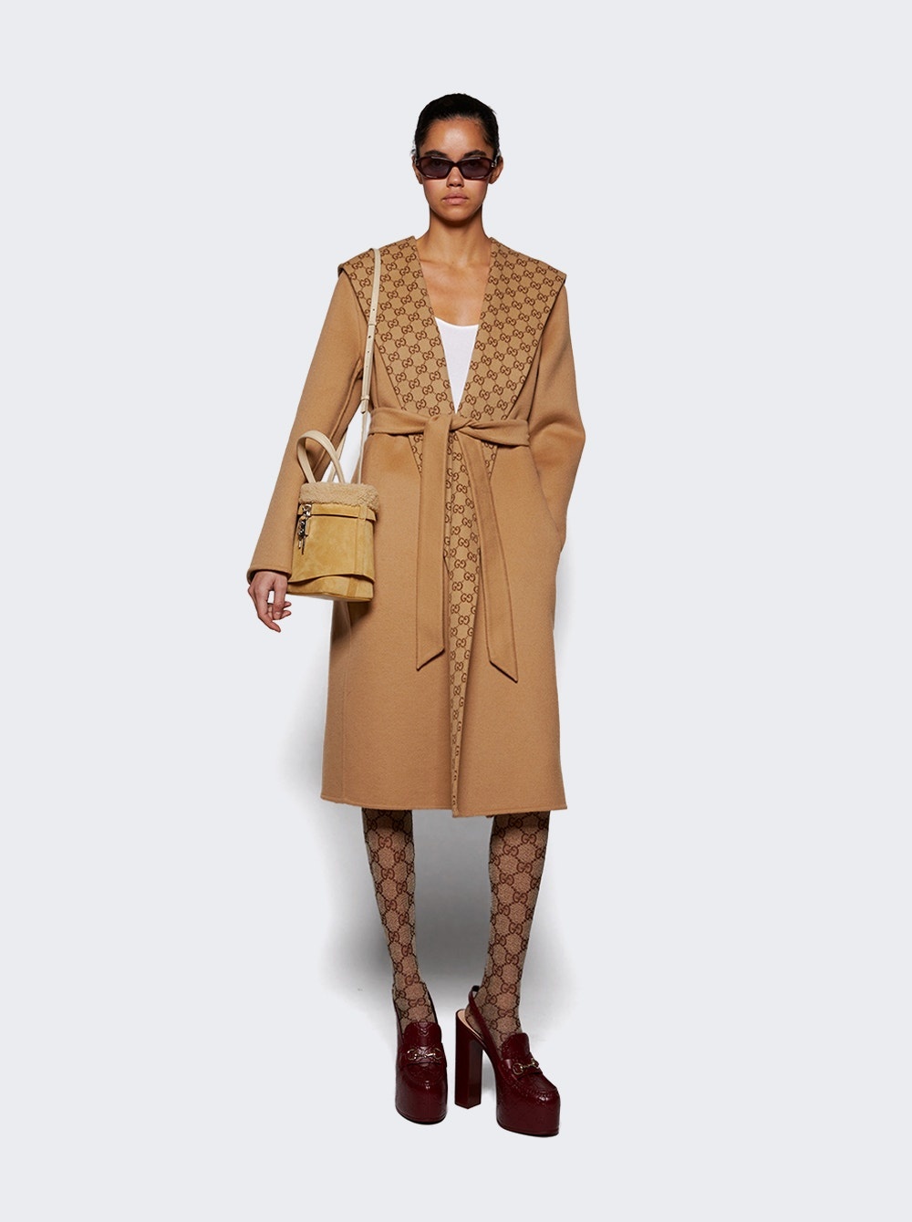 Reversible Gg Silk Wool Blend Coat Camel - 2